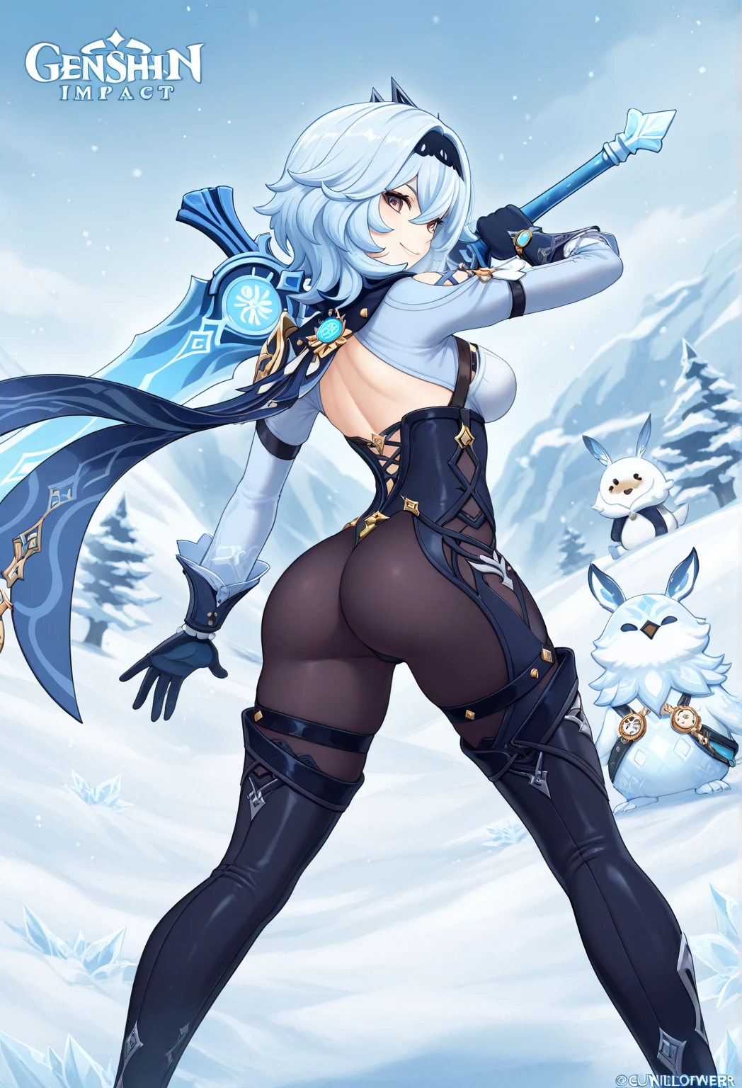 (masterpiece, best quality:1.4),1girl, (seductive posing:1.2), upper body, furry female, body fur, (white fur, white skin:1.4), digitigrade, from behind,white hair, long hair,black mask, (blue eyes, glowing eyes:1.4), looking back,, (ass:1.2), (animal tail, white tail:1.2), hoovelue , blue , blue , glowing , glowing , glowing ;1.2), magical snowy forest, snowy forest, glowing flowers, rocks, day, big_ass, wide_hips, Tiny_waist, big_, 1_tail, symmetrical face, High Quality, Awesome Lighting, 3 Renders, Full Body, Looking at viewer, symmetrical body, farting, flatulence, kindred farting, onara, shinobi armor