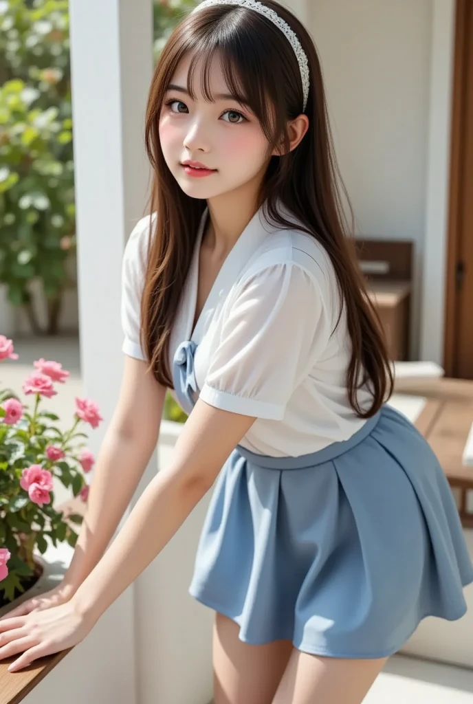 beautiful girl、high school girl、Light blue mini skirt、See-through、sit