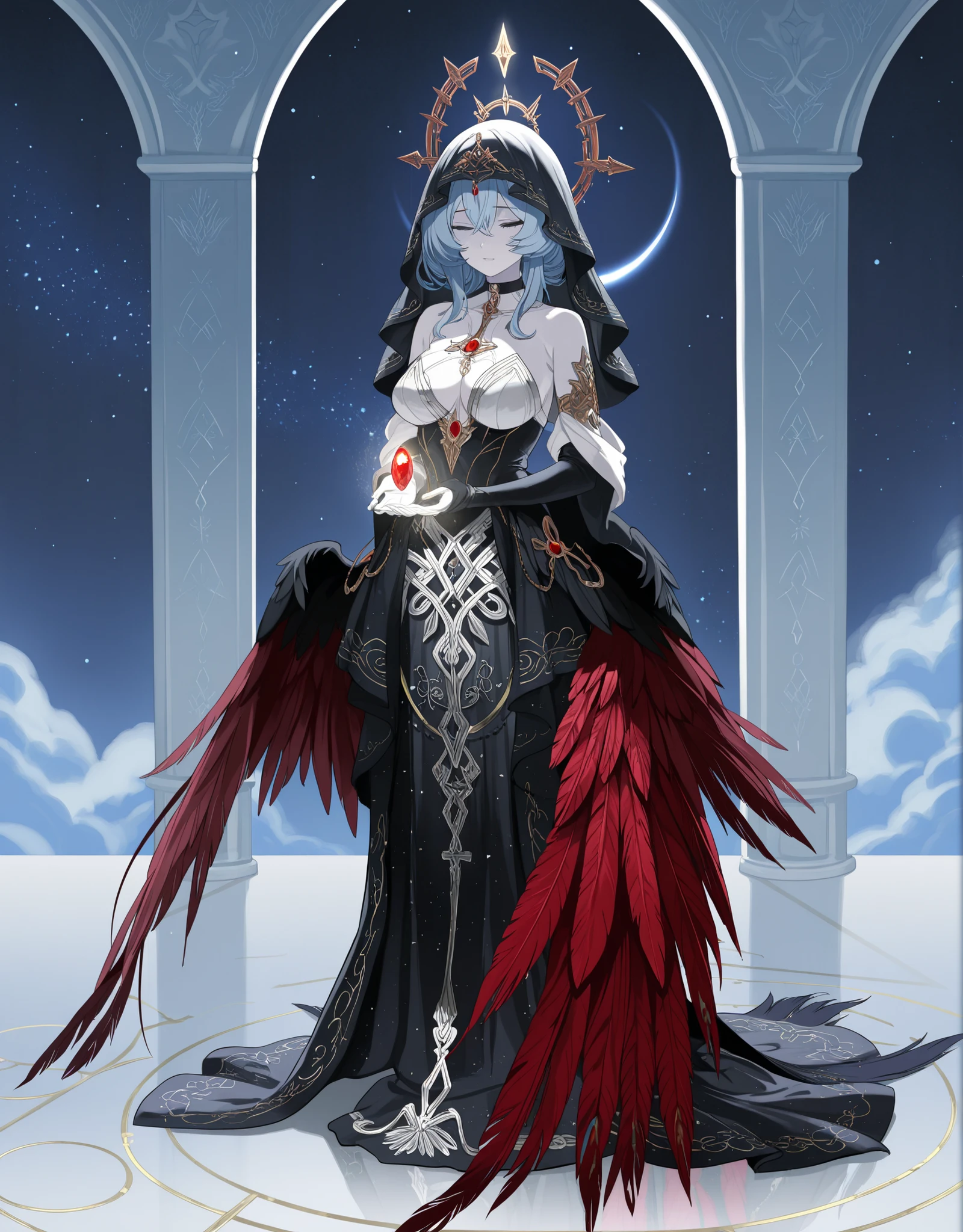 A divine celestial priestess standing in a marble palace under a starlit sky, draped in an opulent black and silver ceremonial gown. The dress is floor-length and heavy with detail, featuring shimmering black velvet embroidered with silver arcane filigree along the bodice and hem, forming ornate symmetrical runes and sacred symbols. Flowing sleeves taper into translucent fabric around her wrists, embroidered with faint glowing patterns. Crimson feathers cascade dramatically from her arms like divine plumage, rich in texture and fading into deep scarlet tips.



> Her chest is exposed just enough to show pale skin and a choker of blackened gold lined with blood-red gemstones. A dark cathedral veil of lace and feathers obscures her eyes, connected to a tall ceremonial headdress crowned with a glowing golden halo of rotating celestial sigils and sharp metallic points. Her silver-blue hair tumbles in soft waves from beneath the veil. She holds a glowing artifact or relic delicately in gloved hands, its light casting a soft aura around her.



> Her shoes peek out from the hem—platformed, baroque-styled, with swirling inlays and crescent patterns. Behind her, white gothic arches rise toward a vast cosmic sky scattered with constellations. A still, sacred atmosphere surrounds her, suggesting divine judgment or ancient rites. Ultra-detailed, anime style, baroque fantasy, 4K, soft lighting with magical glow, masterpiece.