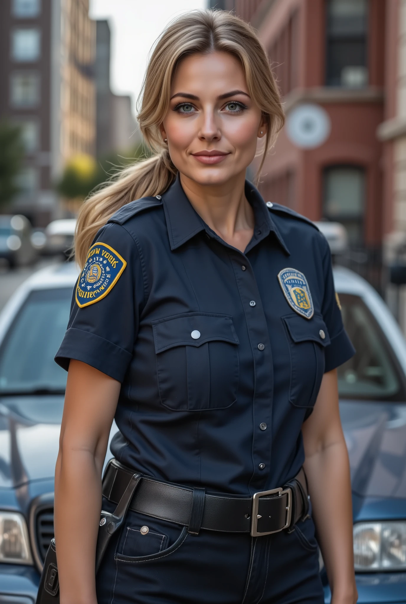 (Illustration of a New York Police Department officer), Female officer in navy blue uniform, mini fold, standing in front of a police car (full body description: 3), High Quality, Very detailed, masterpiece, absurd, (facial detail, Detail of the eye, Hair detail: 3), incredibly detailed eyes , photorealistic, realista, skin texture detail, 1 female, (Alone : 1.2), (smiley face: 1.2), (blonde high long ponytail: 3), (soft smile: 3), Pechos grandes, thin waist, (facial detail: 2.2), eye pencil, eye makeup, DB4RZ, Illustration DB4RZ.
