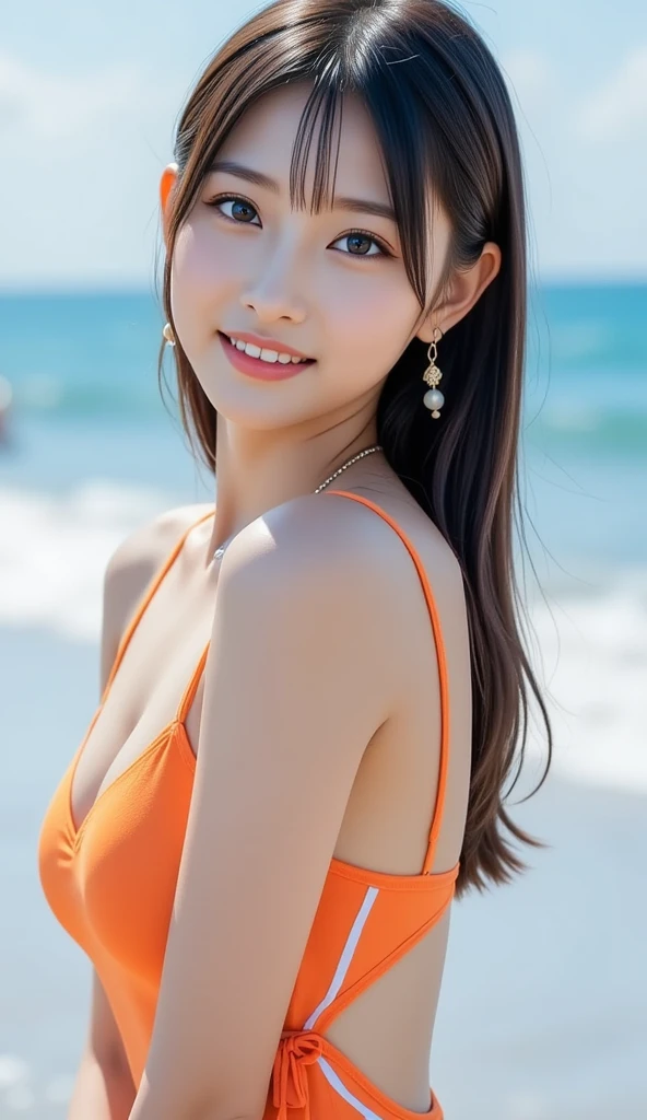 realistic, photogenic, close-up shot, with the sea in the background, wearing orange swim wear, exposed at chest, medeum-length hair, hair color mixes bronde and white, hair is blowing in the wind, hair is shaggy and dishevelled, very sunburned and tanned skin, medium build a little bit chubbily figure, small breasts, no makeup, small mouth, small nose, smooth shaped jawline, glossy face, heavy flushed cheeks, big smile while open mouth, flirting, having a great time, detailed eyes, slanted eyebrows, detailed lips, photorealistic, highly detailed, 8k, best quality, masterpiece, vibrant colors, dramatic lighting, cinematic composition, digital art