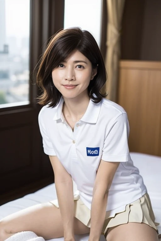 (Masterpiece, Best quality:1.3), (Ultra realistic, Photo-realistic:1.2), Natural light, 28 years old actress, Japanese 2 women, Neat and clean, (White tennis uniform, White short-sleeve polo shirt with darknavy line collar:1.1), (unbutton:1.3), (White pleated skirt:1.1), white sock, (short wavy hair:1.3), ponytail, (Beautiful face), Oval face, clear, Beautiful eyes, Kind eyes, Clear skin, Small face, Beautiful mouth, Small mouth, Natural makeup, Approachable, (nsfw:1.1), Seductive smile, (Seductive pose:1.2), (Beautiful thighs:1.1), (Bedroom eyes:1.1), Embarrassed, Blush, Luxury hotel Suite room, On bed, Hidden camera installed in suite room captures obscene reality of girls high school, (lesbian couple , petting together:1.1), grabbing crotch, erotic kiss,
