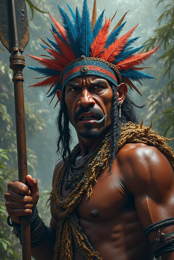 a close-up of two different poses of a man with a spear in one and a club in the other, wild cannibal tribal guero, primitive, wearing tribal necklace and snakeskin clothes and orange fur, feather props, spiky hair: ultra realistic and detailed image