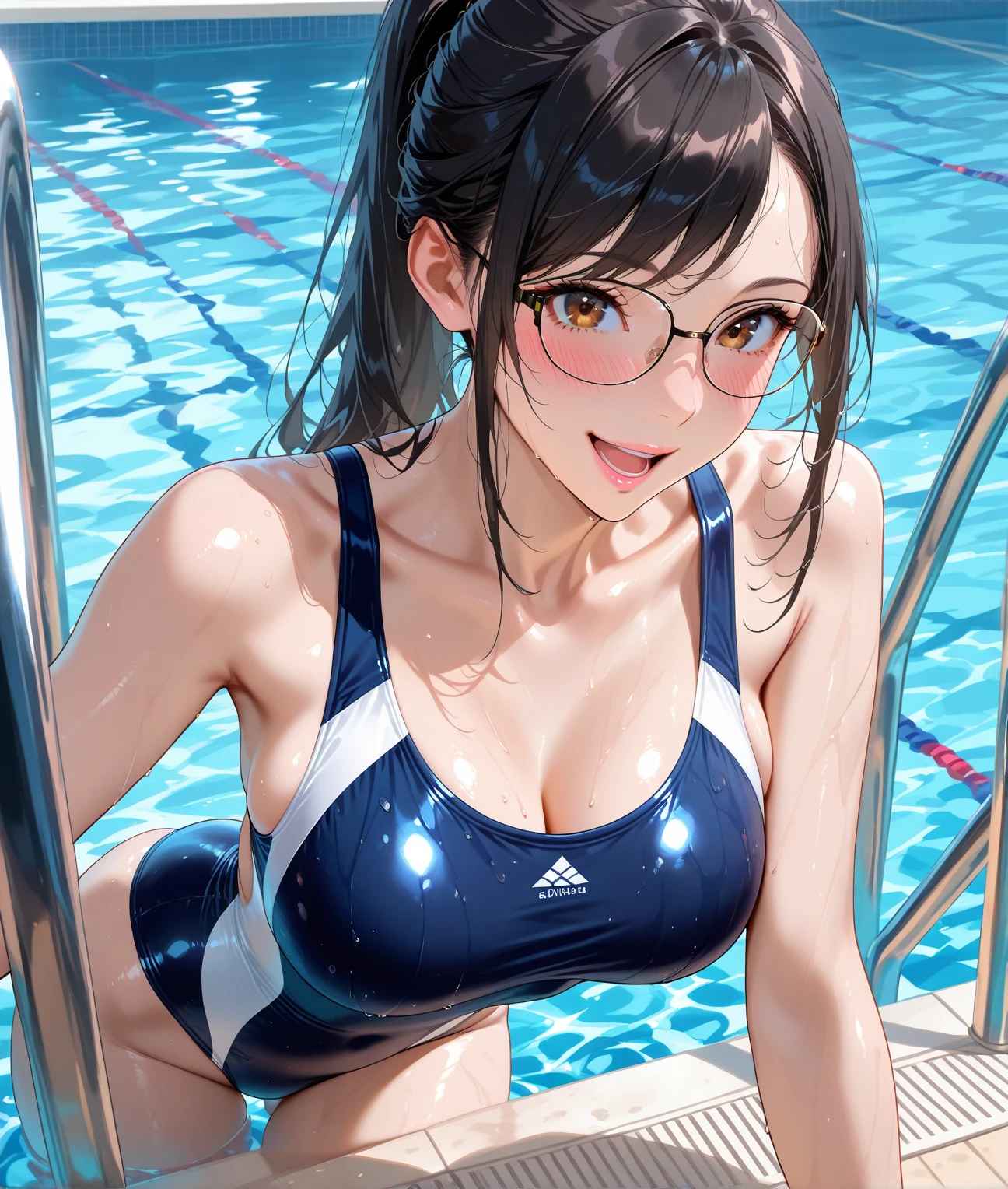 (Ultimate beauty), new employee, ((Rimless Glasses))非常にdetailed顔, detailedな唇, fine grain, Beautiful Eyes, Short Black Pixie Hairstyles, ((Laugh with your mouth closed)),(((Competitive swimming suits))) (((紺色に水色のラインが入ったCompetitive swimming suitsを着ている)))), Big Breasts,(Accentuate your breasts) (Thighs), that'that'sit, perfectionなボディ, perfectionな顔, (((background: Poolside)、Cowboy Shot, (Depth of the written border), perfectionな画像リアリズム, With detailed background, detailedな衣装, perfection、Hyperrealism、Realistic、Maximum resolution 8K, (masterpiece), 非常にdetailed, Professional 22 year old Japanese woman,(非常にdetailedな肌)(Beautiful female body)(美しいBig Breasts)(Big Breasts)(Pale skin)(Pointed Chest),(Erect nipples)(Best image quality)(Hyperrealismの肖像画),(8k),(Ultra-realistic,最high quality, high quality, High resolution)(high quality texture)(Attention to detail)(Beautiful details)(detailed,Extremely detailed CG,detailed Texture)(Realistic facial expressions,masterpiece,in front,dynamic,bold),(((short pixie cut))),(Very thin hair)(Super Straight Hair:1.5)( sleek bangs,Very light coppery amber hair,Hair in one eye) (((Accentuate your buttocks))) (((Her cleavage is visible))) (((Composition from behind))) (((She is spreading her legs boldly))) (((The lines of the body are clearly visible)))、(((Depiction of beautiful fingers))) (((Beautiful body depiction))) (((Accentuate your butt)))(((Thighsが見えるよ)))(((Full body photo)))、(((Low angle photo)))、(((Correct ankle orientation)))(((The correct number of legs))) (((正確な後ろからのFull body photo)))(((Exact number of hands)))