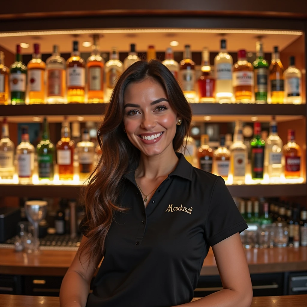 Beautiful smiling uniformed woman with her bottles of beer in her hand in the foreground serving the customer behind the drinks bar in a spectacular impressive bar