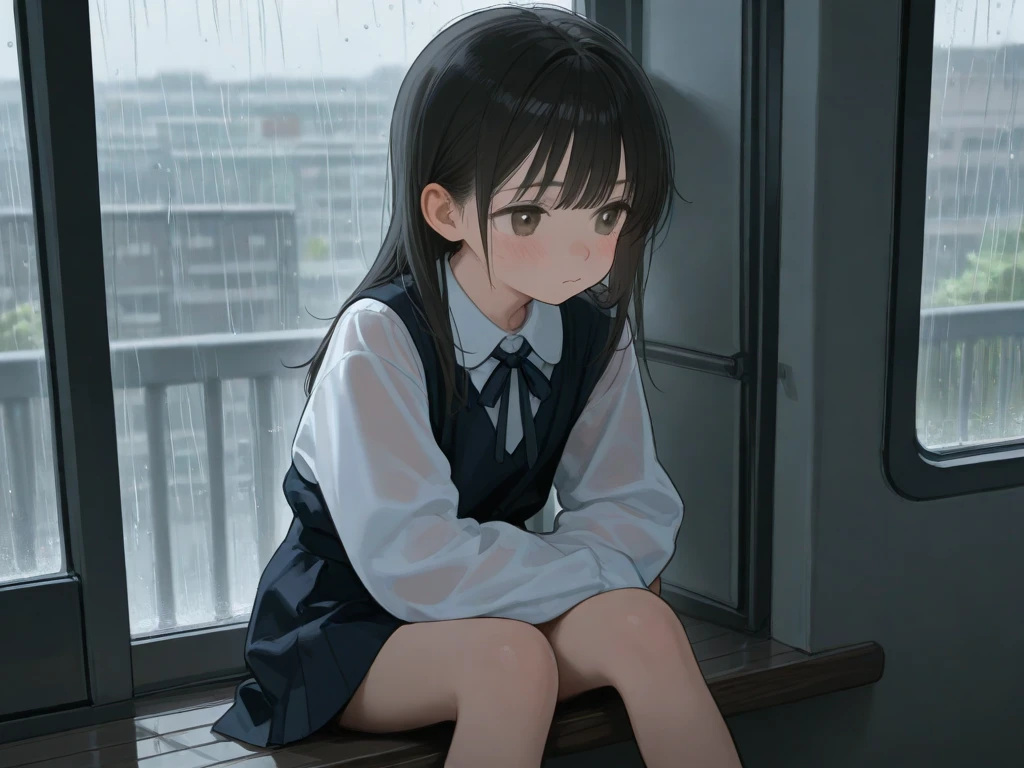 girl sits and looks at the window、rain is making splashes