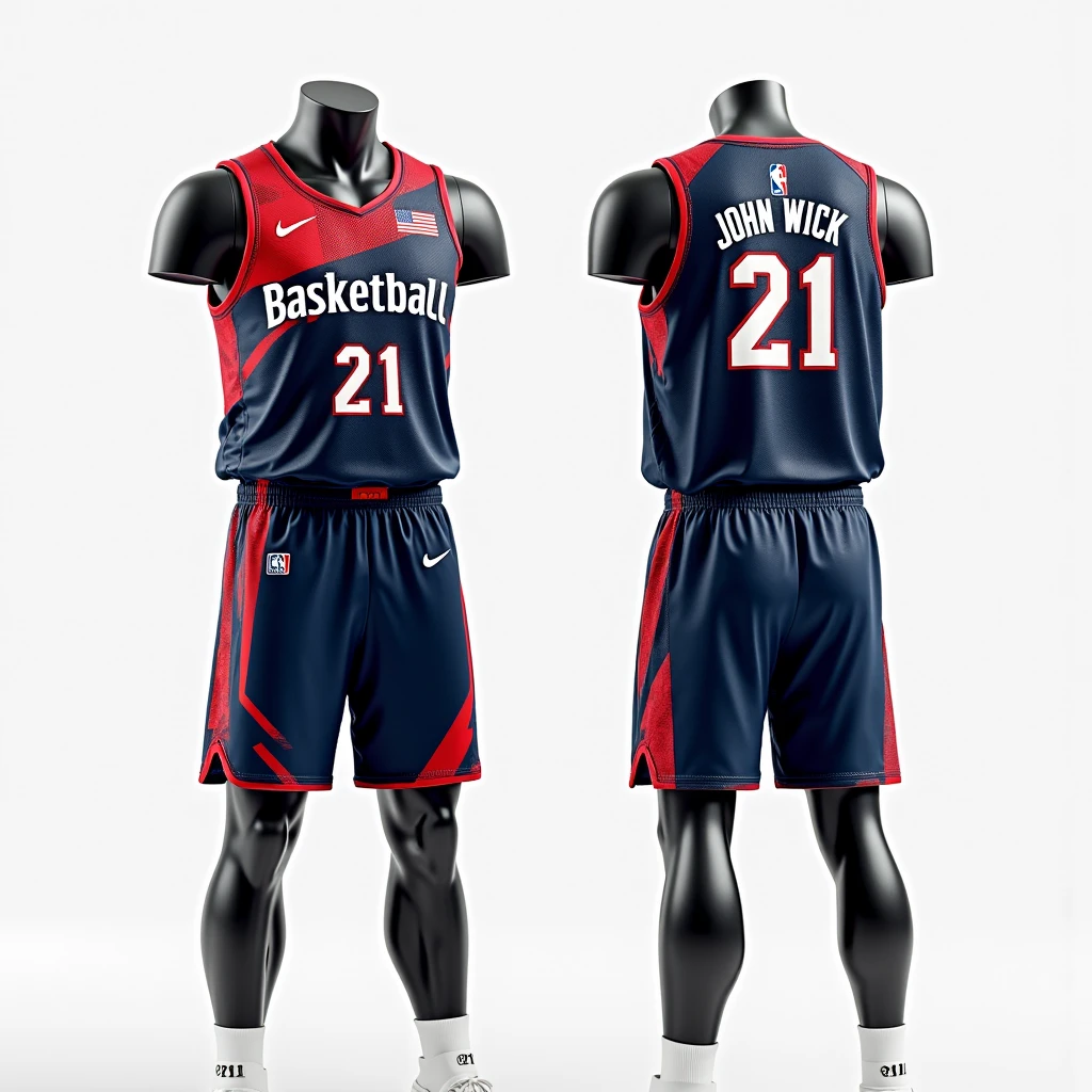 Intercollegiate basketball uniform with red colors, blue and white
