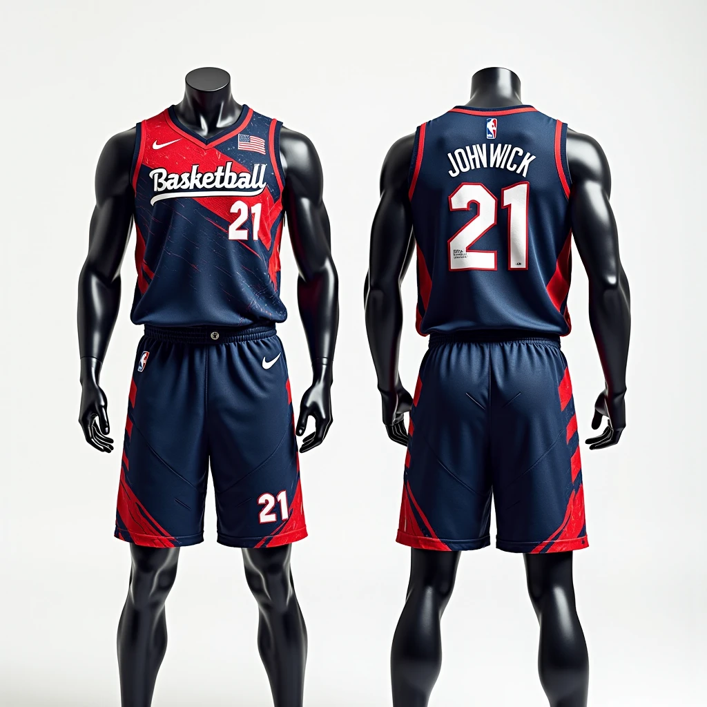 Draw a basketball team tank top where the base color is navy blue. The design has to be modern but quite innovative.. In the photo show the front and back versions. The shirt number is 32 and the name is "Thet"