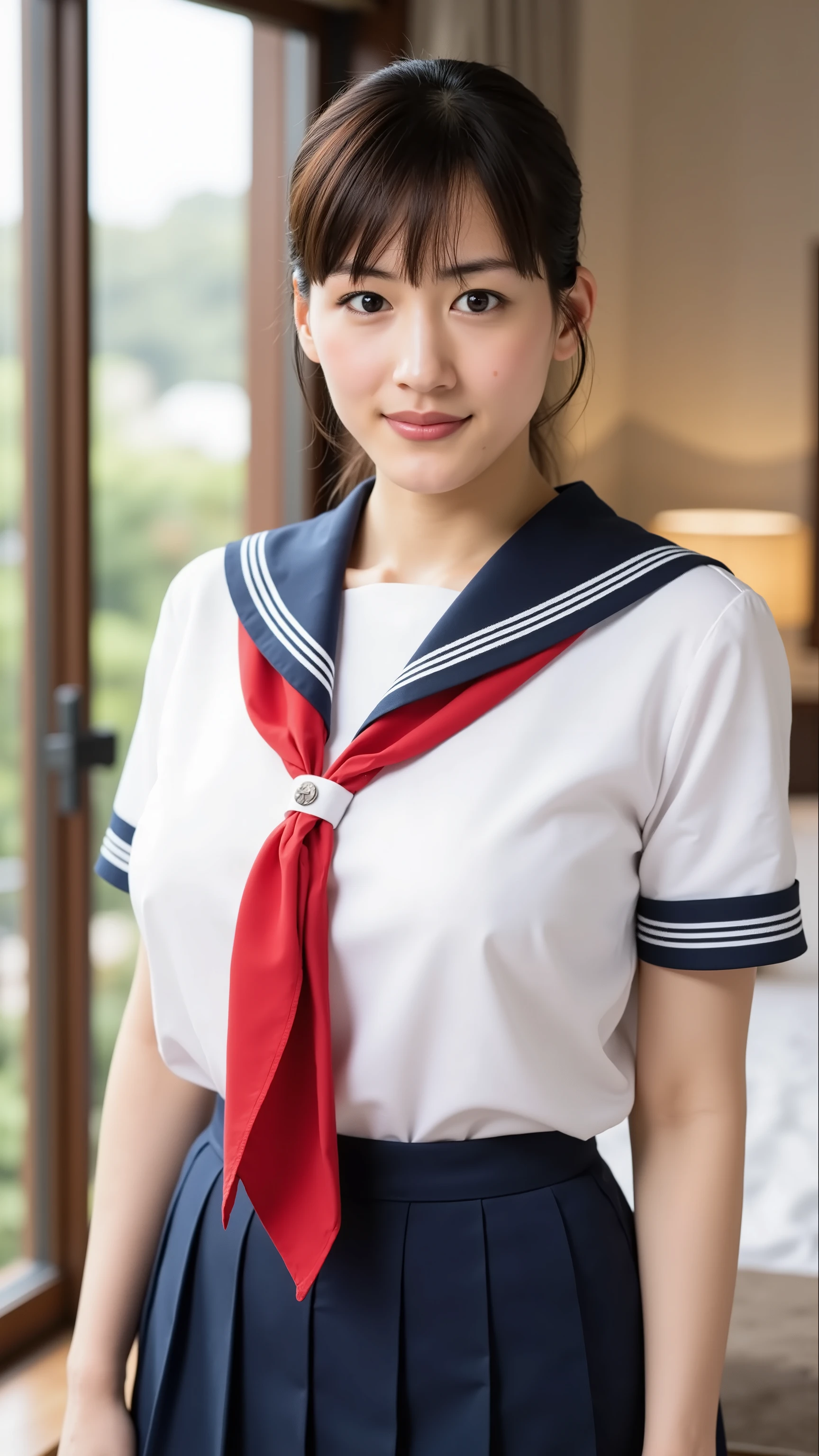 wearing a traditional Japanese uniform 、 The body is covered with a sailor suit with a white collar and dark blue lines 、 wearing a dark blue pleated skirt、 red scarf with black nose、((((( girls on the left:2.86))))),( masterpiece, top quality:1.9),8k, RAW photo ,nsfw, detailed skin,詳細な毛穴,baby face,(((Youngface):1.7)),(( young body):1.6), reality, hotel room 、( lean forward :1.67)、(huge breasts), full body、Black hair tied at the back of the neck、 if you stare shyly at the bangs、 hides my forehead 、braids
