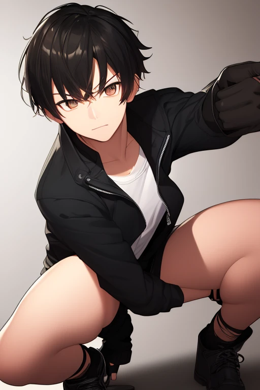 one boy, toned, flexing, sharp big cat ears, cat tail, big black messy hair, extremely vibrant red eyes, masterpiece, vibrant, bulge, slim dark black hoodie, full body view, neutral face, black thigh socks, combat boots.