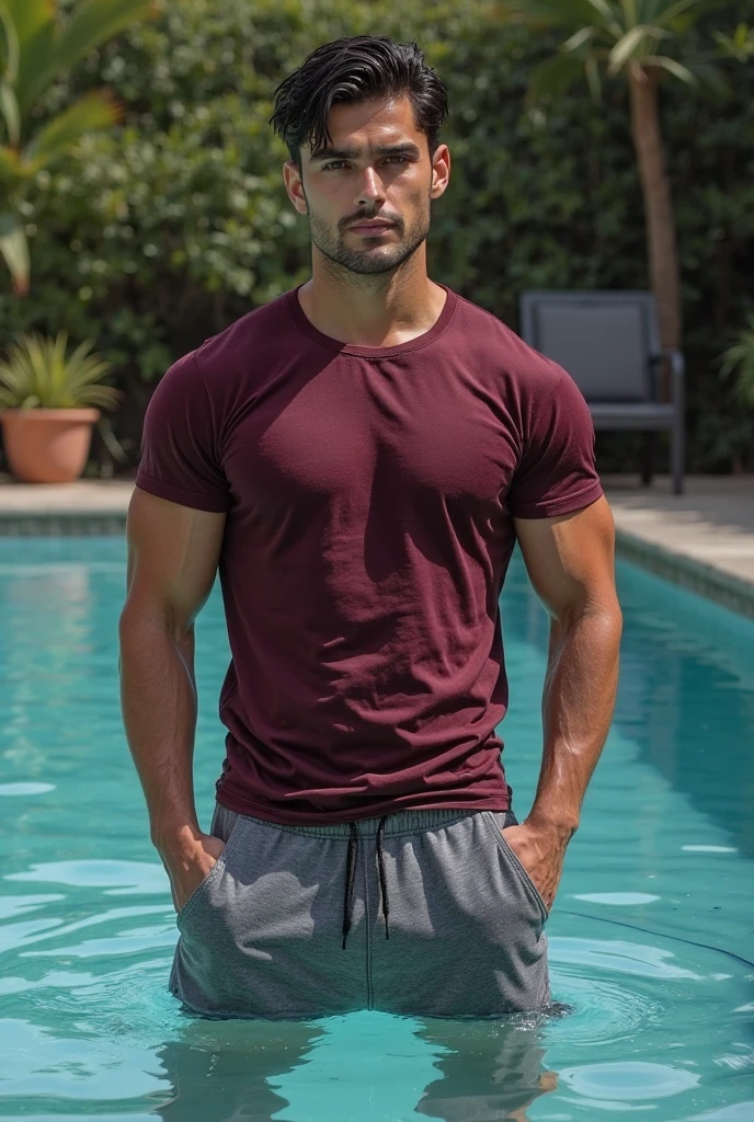 A muscular young man with Spanish features is standing by a swimming pool in Seville, Spain, smiling confidently. He has short, dark brown hair, deep black eyes, and tanned skin. He is wearing a very tight-fitting gray t-shirt that highlights his extremely well-defined and large muscles. The setting is a lively poolside area with traditional Spanish architecture in the background, including whitewashed walls and wrought iron details. Other people are also enjoying the pool, adding to the vibrant and social atmosphere. The warm, golden light of the late afternoon sun reflects off the water, enhancing the scene's energy and warmth. The image should be ultra-realistic, capturing the lively and vibrant atmosphere of the moment in Seville.