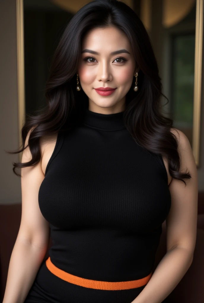 Best Quality, 4K, masterpiece, mature woman,55 years old,very sharp image,extremely beautiful woman,pinup,highly detailed beautiful face,big eyelahes,minimum waist,black midi slit dress, tights,long hair,excellent sense,(((one person))),highly detailed body,florish garden in the background