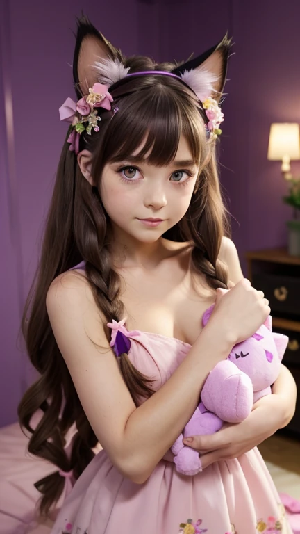 1girl, naked, animal ears, purple eyes, brown hair, wings, solo, long hair, blush, cat ears, flowers, looking at viewer, braids, bows, dresses, pink flowers, bows, hair accessories, bangs, cats, hair flower, animal ear hair, holding, virtual youtuber, blue bow, holding animal, catwoman, stuffed toy