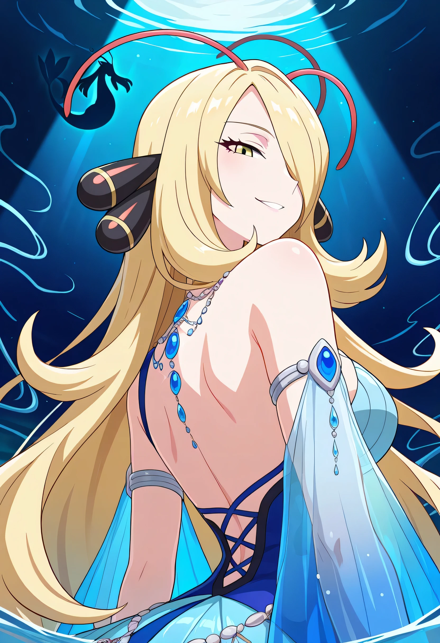 (masterpiece),(best quality),(ultra-detailed),(best illustration),(best shadow),(absurdres),(detailed background),(very aesthetic),pokemoncynthia, blonde hair, hair ornament, hair over one eye, long hair, yellow eyes, medium breaests, upper body, pov, seductive smile,half-open eyes, slender body, A graceful and elegant dress inspired by Milotic. The dress has a mermaid silhouette with a long, rippling train and translucent fabric that shimmers like water. Shoulder straps are adorned with thin, ribbon-like tendrils, echoing Milotic's antennae. The bodice is decorated with overlapping scale motifs and a subtle iridescent shine. The back of the dress flares out like a fan-shaped fin with red and blue accents. The overall look is refined, mysterious, and serene—perfect for a water-themed diva, on stage,1girl, solo, low angle,