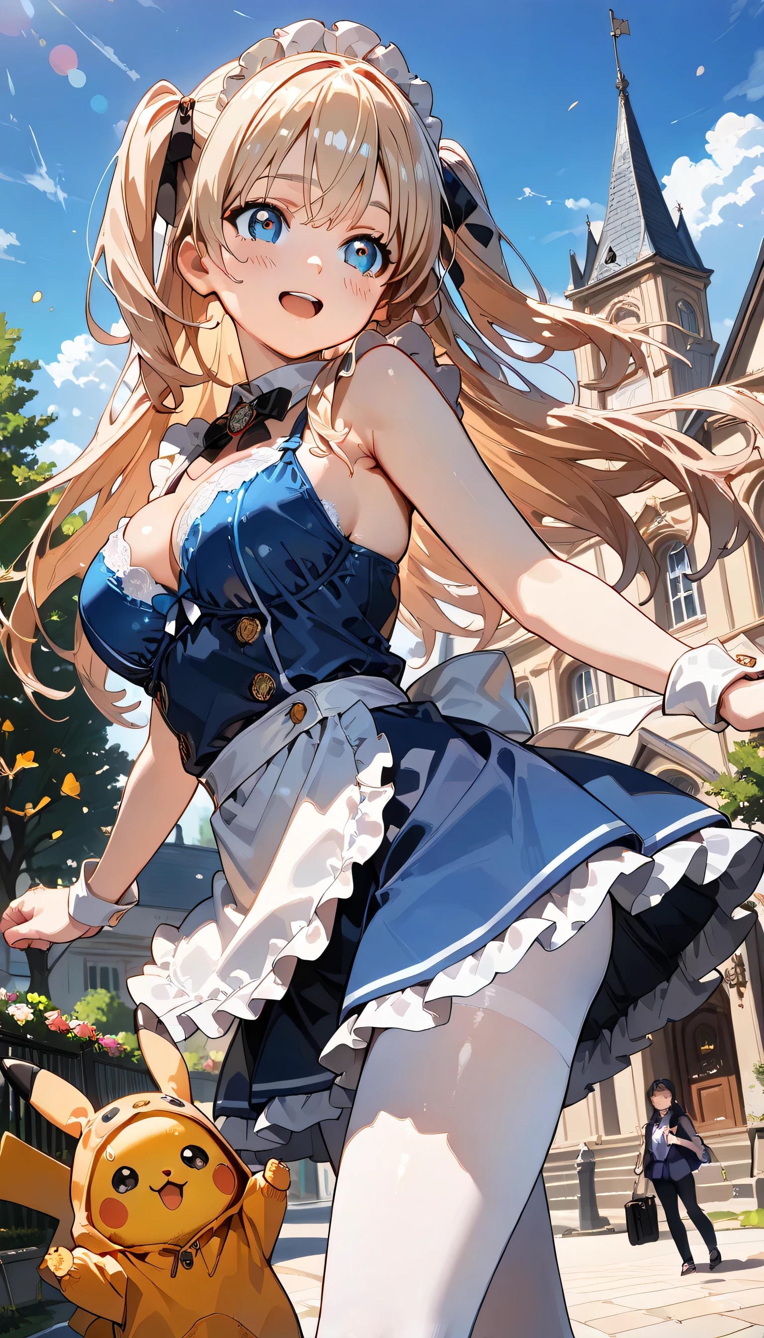 ((ultra-detailed)), (highly detailed CG illustration), (best quality:1.2), ultra-highly detailed, colorful composition, artistic photoshoot, 2 girls, duo focus, cowboy shot:1.4, moe anime character, girl, dainty facial structure, baby face, round face, rounded chin:1.2, ideal ratio body proportions, celia-default, celia claire, alice, alice_in_wonderland, blue eyes, sparkle eyes, long silver hair, two side up, blue hair ribbon, ample breasts, white apron, blue dress, white pantyhose, blue bra, panic:1.4, open mouth1.2, full face blush:1.2, sweat:1.3, turning around:1.2, spread arms, dynamic pose, contrapposto pose, moe anime character, girl, dainty facial structure, baby face, round face, ideal ratio body proportions, brown eyes, sparkle eyes, black hair color, long hair, half updo, thick eyebrows, half updo, Sagging eyes, long hair, wearing glasses:1.3, round eyewear:1.3, (wearing a Pikachu costume), ample breasts, grabbing breasts from behind, naughty face:1.3, open mouth, laugh:1.2, leaning side to side:1.3, blush, outdoor, petals glowing and fluttering, standing by the victorian garden with flowers, castle, beautiful detailed sky, dynamic pose, from side, best quality, masterpiece, expecting, pink cheek, blush, light pink gloss slip, portrait, depth of field, soft lighting, sidelighting, shine, lighting, caustics, ray tracing, perfect face, lustrous skin, highly detailed face, highly detailed eyes, perfect face, perfect nose, perfect hair, perfect eyes, perfect anatomy, beautiful hair, beautiful small face, extremely detailed face, beautiful detailed eyes, beautiful clavicle, beautiful body, beautiful breasts, leavage, breasts squeezed together, equalize the size of the left and right breasts, beautiful thin thighs, beautiful legs, beautiful fingers, 4 fingers, 1 thumb, (highly detailed background:1.0), summer aesthetic, intricate details, the atmosphere of friends playing together, chromatic aberration