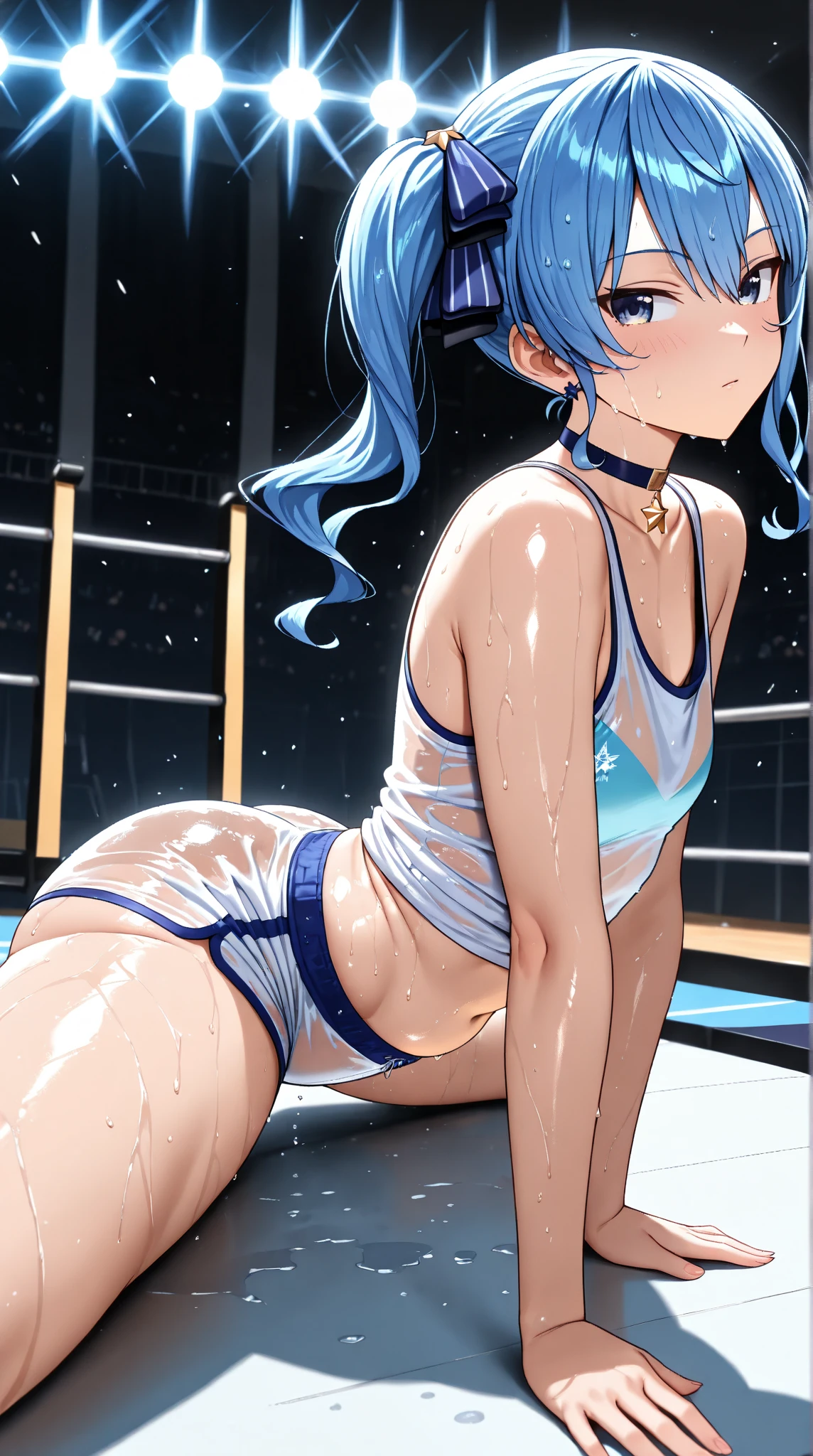 score_9, score_8_up, score_7_up, source_anime, reverse suspended congress, face-to-face, ((((soul kiss)))), tongue out, saliva trail,orgasm, pussy, sex, sex from behind, ((((female ejaculation)))), spoken heart, (cum in pussy:1.4), (((wrestling ring)))), ((1petit girl)and(1shota boy)), (hetero), ((((1petit girl,short stature)))), ((((girl is s old)))), (slender body:1.4), (long hair,two side up:1.4),aqua hair, aqua eyes, pale skin,shiny skin, ((((flat chest)))), covered navel, collarbone, pale skin,shiny skin, ((She wears aqua competition swimsuit)), ((((She looks rolling eyes)))), ((((She looks ahegao)))), (trembling), (cum on clothes:1.4),cum on body,excessive cum,cum facial,bukkake,cum on hair,cum in pussy, clothing aside, clothed, text, (1shota boy,short stature:1.4), ((((shota boy is 10 yea))), small penis, undercut, ((((He looks smug)))),