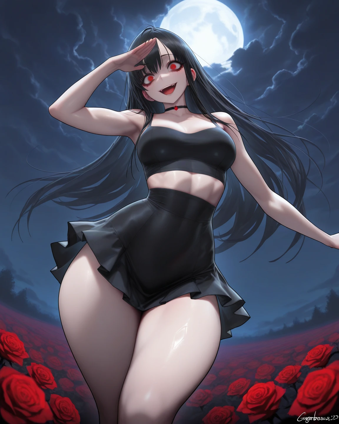 black fluffy hair, red eyes, crop top black hoodie, boy, raunchy, seductive, blushing, 4k Resolution, cat ears, fangs, thigh highs, huge butt, huge thighs, midriff, sweat, slim waist, femboy, ((((male)))), flat chest, bulge