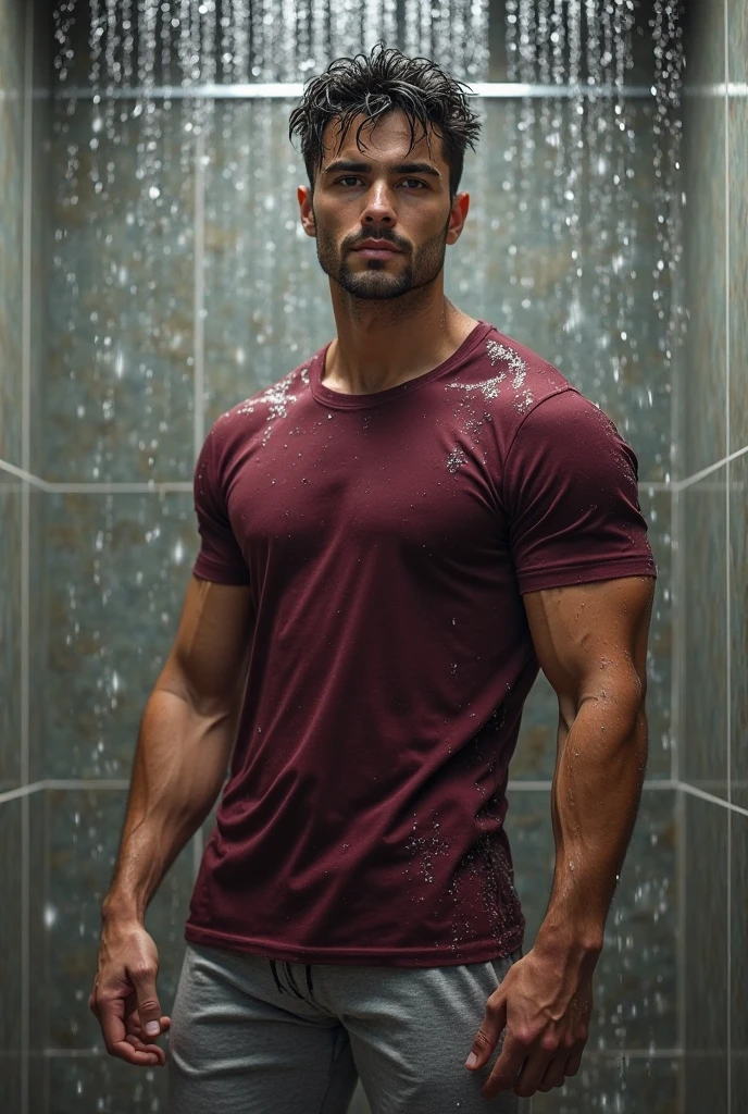 a man in wet black trunk underwear in bathroom , full body photo, handsome man, best quality, 8k, highres, masterpiece:1.2, ultra-detailed, realistic, photorealistic:1.37, HDR, studio lighting, professional, vivid colors, male portrait, indoor, dramatic lighting and a man bathing togather in shower make very very very water droplet effect on man body and were wet black trunk underwear trunk underwear trunk underwear trunk underwear trunk underwear and red colour stripline on trunk underwear and were black trunk underwear trunk underwear trunk underwear trunk underwear only one man bathing in blue make more unique