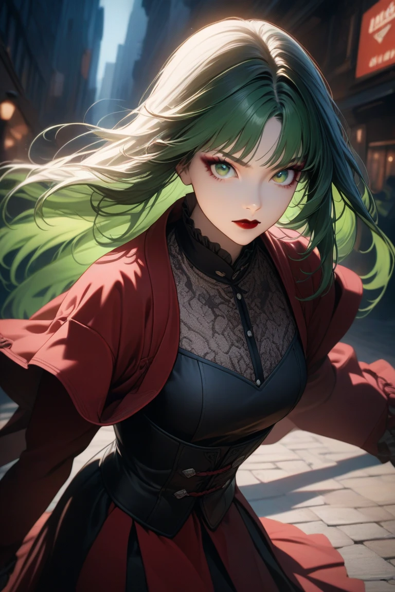 girl with green hair, gesture of fun, zombie clothes, violet clothing with vermilion details, high definition, beautiful face details, full-length shot, haunted house background.