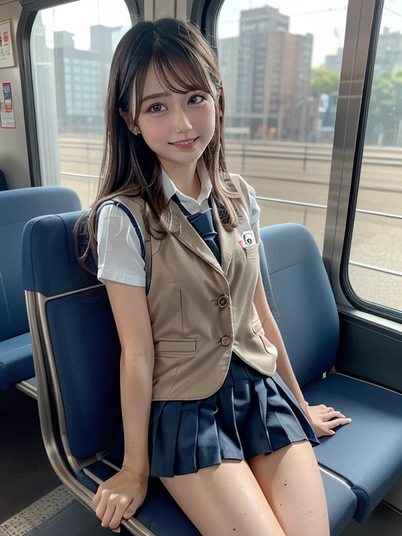 (masterpiece,top-quality,超A high resolution),A Japanese Lady, (((Very beautiful 13 year old girl))), Kawaii Girl、View photographer、Front view, ((Bob Hair,Hair Band)), hyper cute face, Glossy lips, Double eyelids in both eyes,Smiling smile、 Natural makeup, long eyelashes, Glossy and smooth hair quality、central image, Perfect limbs, Perfect Anatomy,(((School Uniforms)))、(((On the train)))