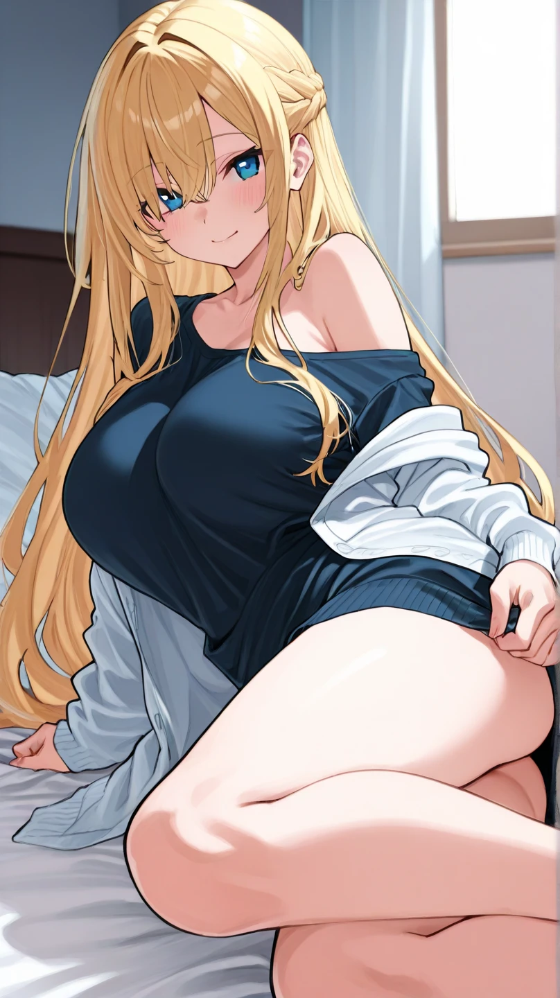 missionary, sex, vaginal, lying, on bed, paper sheets, 1girl, 1boy, white shirt, office lady, bottomless, large penis, smile, blush, closed mouth, long hair,
