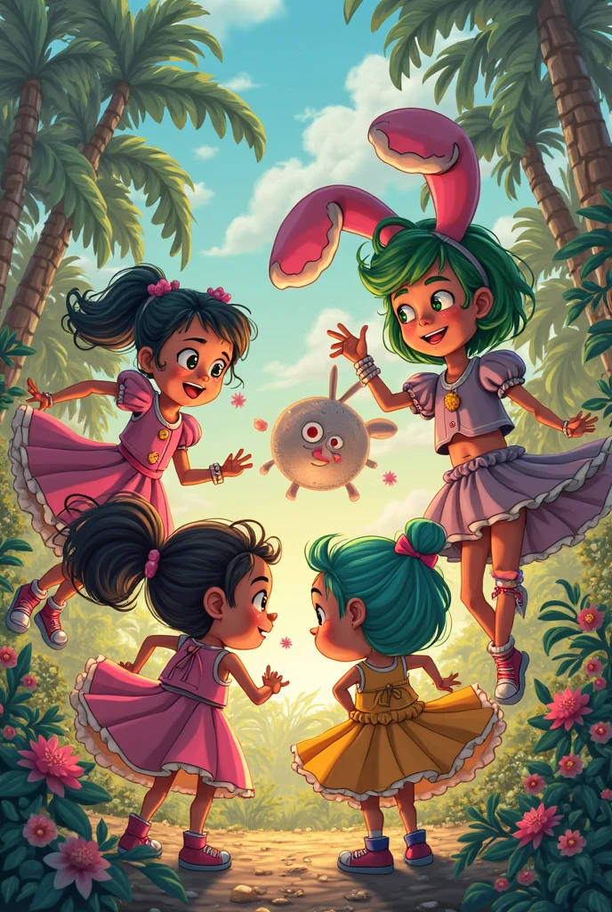 Gruesome and spooky details、Cute Smile、Mysterious atmosphere、Alice in Wonderland、Enthusiastic atmosphere、Mischievous Smile、Expressive gestures、Comical movement、Psychedelic Mushroom Background