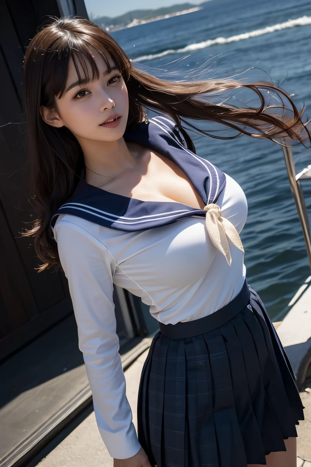 NSFW:1.6, Group of 3 girls playing at the edge of the waves、top-quality、masutepiece、Focus on the chest、The ultimate photorealistic、8K、Random hair、roundly eyes、Not too perfect face、Suspicious smile、all hands(((Naked wet white sailor suit、Navy blue skirt、No underwear)))、Super bold and naughty poses、Random breasts、lensflare、photon maping