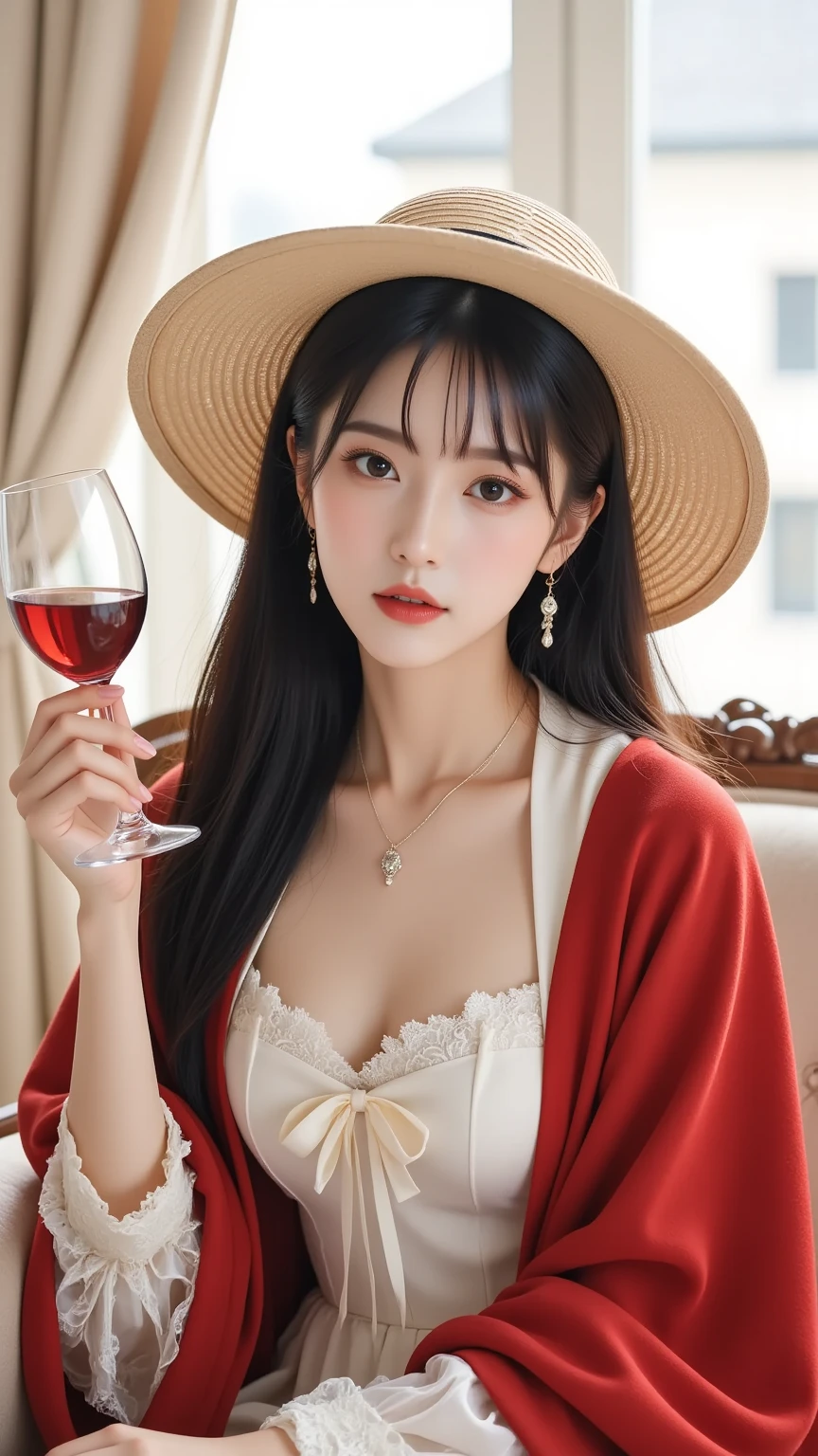 (Realisticity: 1.3), Fine, Quality, Rembrandt Lighting, (Masterpiece: 1.2), (Realisticity: 1.2), (Best Quality), (Skin Detail: 1.3), (Intricate Detail), Dramatic, Ray Tracing, 1Girl, Chinese Girl, Brunette Hair, 21 years old, medium breasts, single eyelid, small eyes, Hermes bag in hand, white dress (background meadow, sunset, sun, clouds, Eiffel Tower, five red balloons) next to red wine and wine glasses.