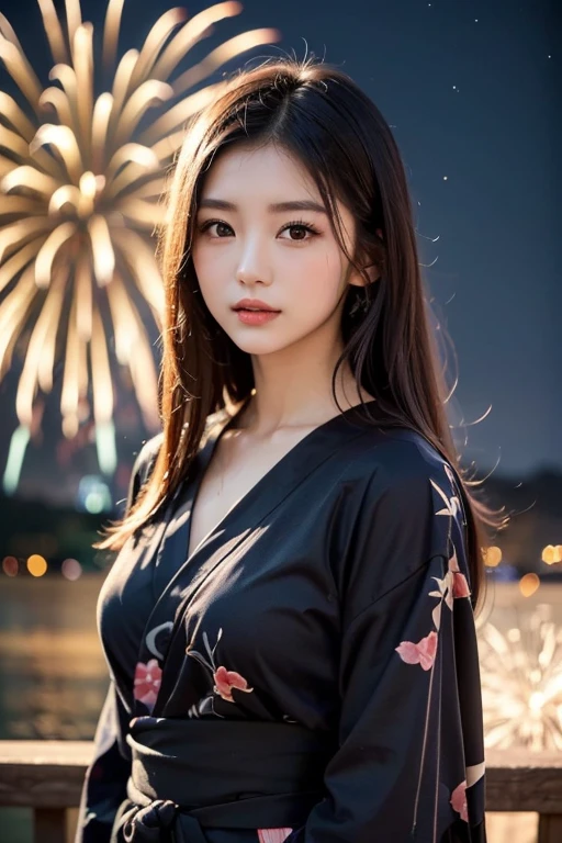 (Highest quality, 8k, masterpiece: 1.3),double eyelid Fine grain Highly detailed face and skin Beautiful legs Fireworks display yukata