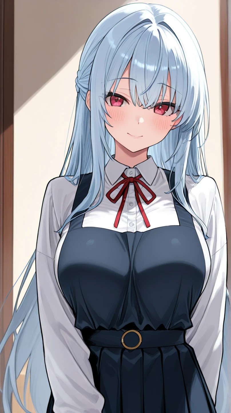 My name is Yukiko.I am a white test woman with long Sky blue hair,red eye color.I am 1.62 cm tall . My breasts measure 200 cm, my waist 40 cm and my hips 200 cm. Dressed in a low-cut white formal shirt and a short black skirt . With big breasts 200 cm