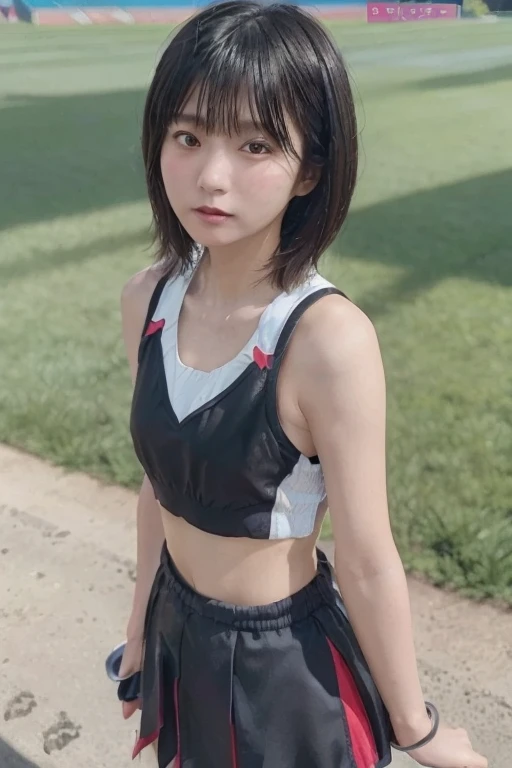 (masterpiece, highest quality:1.4), Award-winning portraits, 8k, 85mm, alone, Beautiful Face, Delicate girl, (Cheerleader、On the grass), Sophisticated, cute, 15 years old, RAW Photos, Confused, High resolution, Sharp focus, Background Blur、(((flat 、thin and delicate body、Childish atmosphere)))、Glossy short bob、Mole on the left cheek、 Dark blue eyes、the skirt is swaying in the wind、Hair swaying in the wind、sexy、flexible legs、?????
