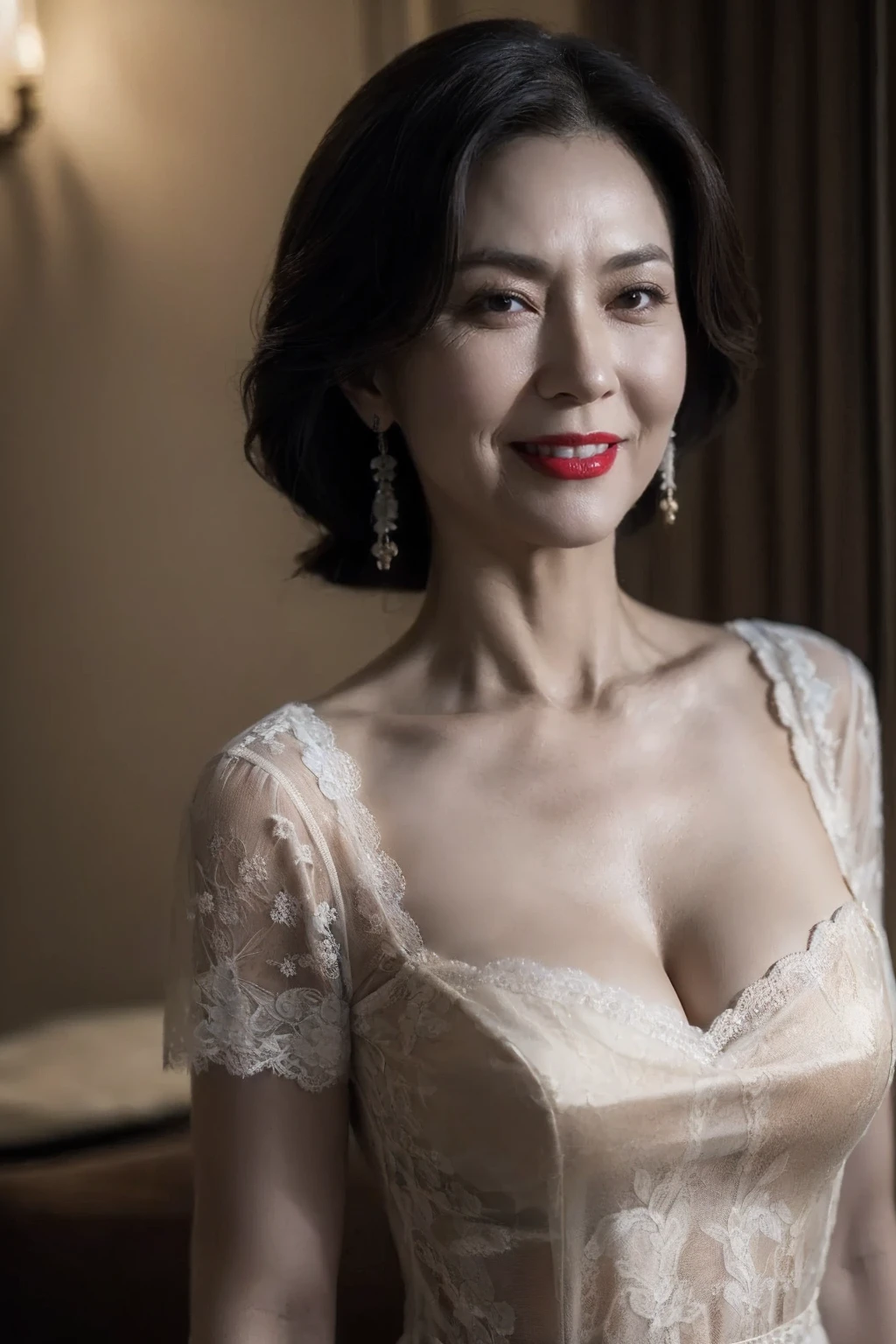 NSFW, ((highest quality)), ((8K)), ((masterpiece:1.3)), (perfect look), (photorealism:1.6), (walking woman), (Japanese woman shopping), (A shopping mall where many people go), clear background, (grayscale: 1.6), japanese woman, 47 years old, ((Realistic skin texture)), (Fine wrinkles throughout the skin: 1.3), (Dull skin: 1.1), (Skin without moisture: 1.2) , (Wrinkles on the face: 0.9), (Wrinkles on the corners of the eyes: 1.2), Double eyelids, tear bags on the lower eyelids, (Crying moles: 0.9), The eyes are looking here, serious gaze, (Dimples: 1.2), red lips, (short bangs: 1.2), short hair, Long hair with curls at the tips, (hair falls over ears), smiling with the corners of the mouth raised, soft fabric blouse, wide sleeves, Cuffs that fit your wrist, long skirt, barefoot, hair fluttering in the wind, small breasts, BREAK(Only women's lips are colored: 1.6), (bright red lips: 1.6),BREAK (whole body: 1.4), Angle from feet: 1.4,