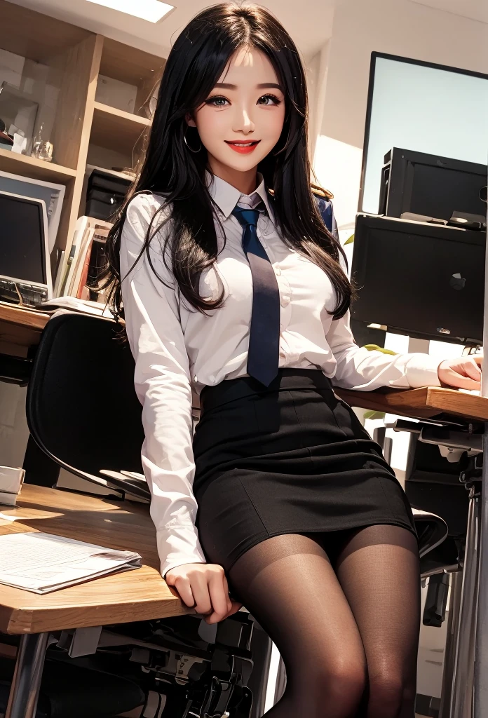 (((masterpiece))), (((highest quality: 1.4))), ((Super detailed: 1.4)) , 白いsuitを着たエレガントな女性, (Beautiful legs、Thighs Thighs Thighs Thighs、Black Pantyhose)、sitting at a desk in an office、厳格な白いsuitを着用, 高級suit, suitを着た女の子, suitを着た女の子, 厳格なsuitを着て, Elegant skirt, Ekaterina, suitを着て, suit, suitを着用する, smile、Meeting Preparation、to be born,Octane Rendering、Complex 3D rendering with ultra-detail, Studio Soft Light, Rim Light, Crisp details, Super detailed, Realistic skin texture, detailed aspects, Beautiful details in the eyes, Highly detailed CG Unity 16k wallpaper, Compensate, (Detailed Background:1.2),Glowing Skin、Exposed thighs!!!