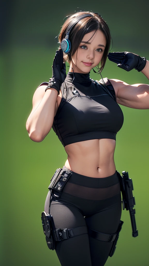 (A woman),(((A woman salutes with her right hand.:1.5))),(((Straighten the left hand:1.5))),((Black tactical tights:1.5)),((Black headphones:1.5)),((Black tactical holster:1.5)),(Black Gloves:1.5),(Smile:1.5),(short hair:1.5),(beautiful eyes:1.3),(Very detailedな顔:1.5),((Very detailedな女性の手の描画:1.5)),((muscular:1.5)),(Sexy appearance:1.5),((Thick thighs:1.5)),(Beautiful Body:1.5),((Very sensual:1.5)),(Background is the city:1.5),(((Blurred Background:1.5))),(Written border depth:1.5),rest(((masterpiece:1.5),(best quality:1.5),(Very detailed:1.5),(high resolution:1.5),(Practical:1.5),(Practical:1.5),(Delicate depiction),(Carefully drawn))),8K,wallpaper