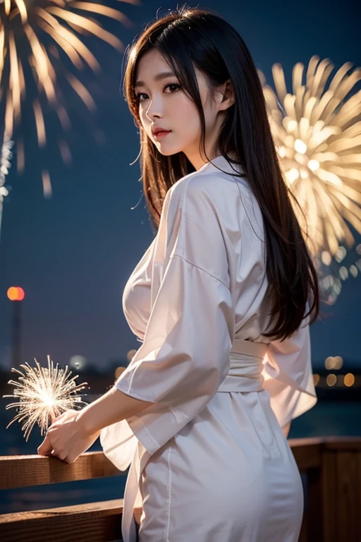 ((Highest quality, 8K, masterpiece :1.3)), (Sharp focus :1.2, Beautiful woman with perfect figure :1.4, Slim Abs :1.2), ((Small breasts:1.3)), (PhotoRealistic:1.4), (Realistic:1.4), (Long Hair, Light brown hair:1.5), Highly detailed face and skin texture, fine grain, double eyelid. Makeup Face, A little bit of lipstick, Sex Appeal, Sexy fiery pose, ((Beautiful woman wearing a white yukata、Smiling as she looks up at the fireworks exploding in the summer night sky。Silver anklets adorn the feet。:1.3)