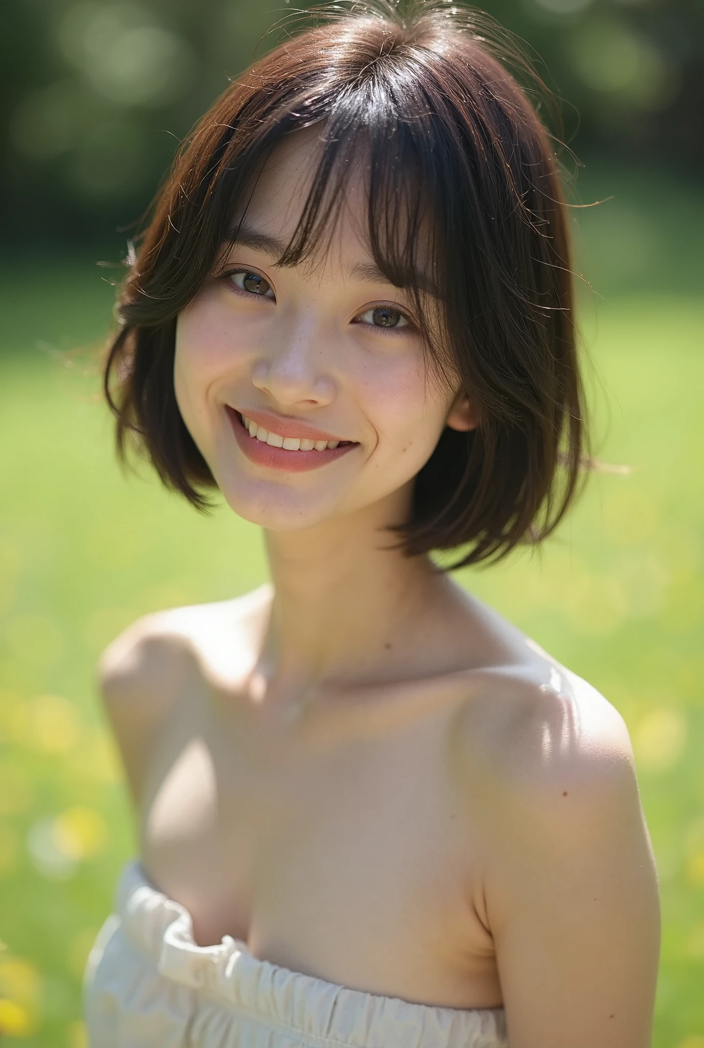 masutepiece, Best Quality, 8K, 20 yo, (large full breasts:1.2), Shy smile, Midsummer daytime,  cute little, Solo, sad, close up, Cute, Girly, Delicate girl, Neat and clean beauty,  Raw photo, Professional Photography, Portrait, Soft light, Professional Lighting, Back lighting, Upper body, Sophisticated, Film grain, (Eyes and faces with detailed:1.0), Short-length floating hair , Beautiful flowing hair, Bangs, Tank tops