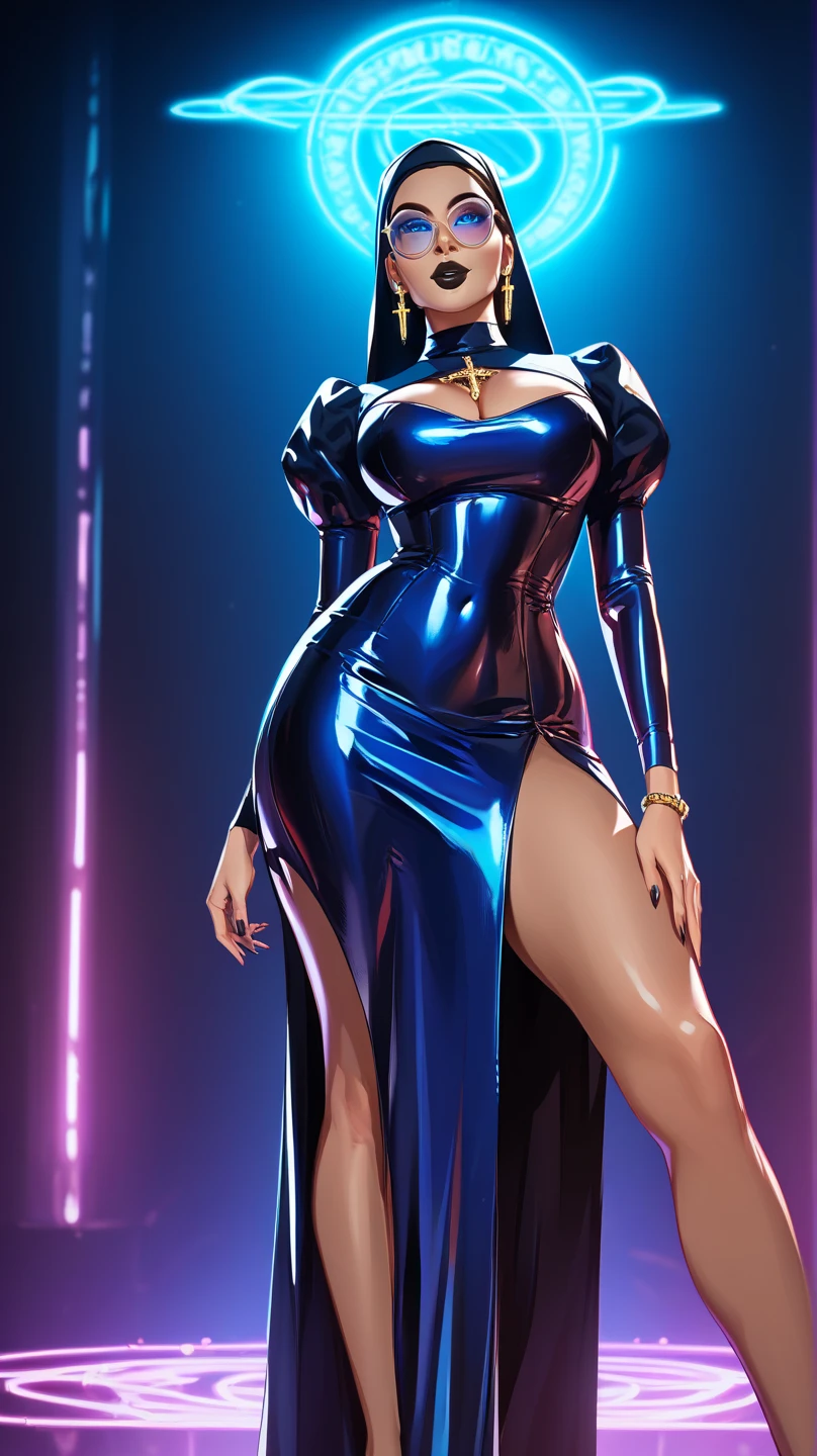 Woman with short purple hair, voluptuous curves, all tattooed, dress with zipper in the front and open to a large neckline, leg opening, in a large and luxurious hall