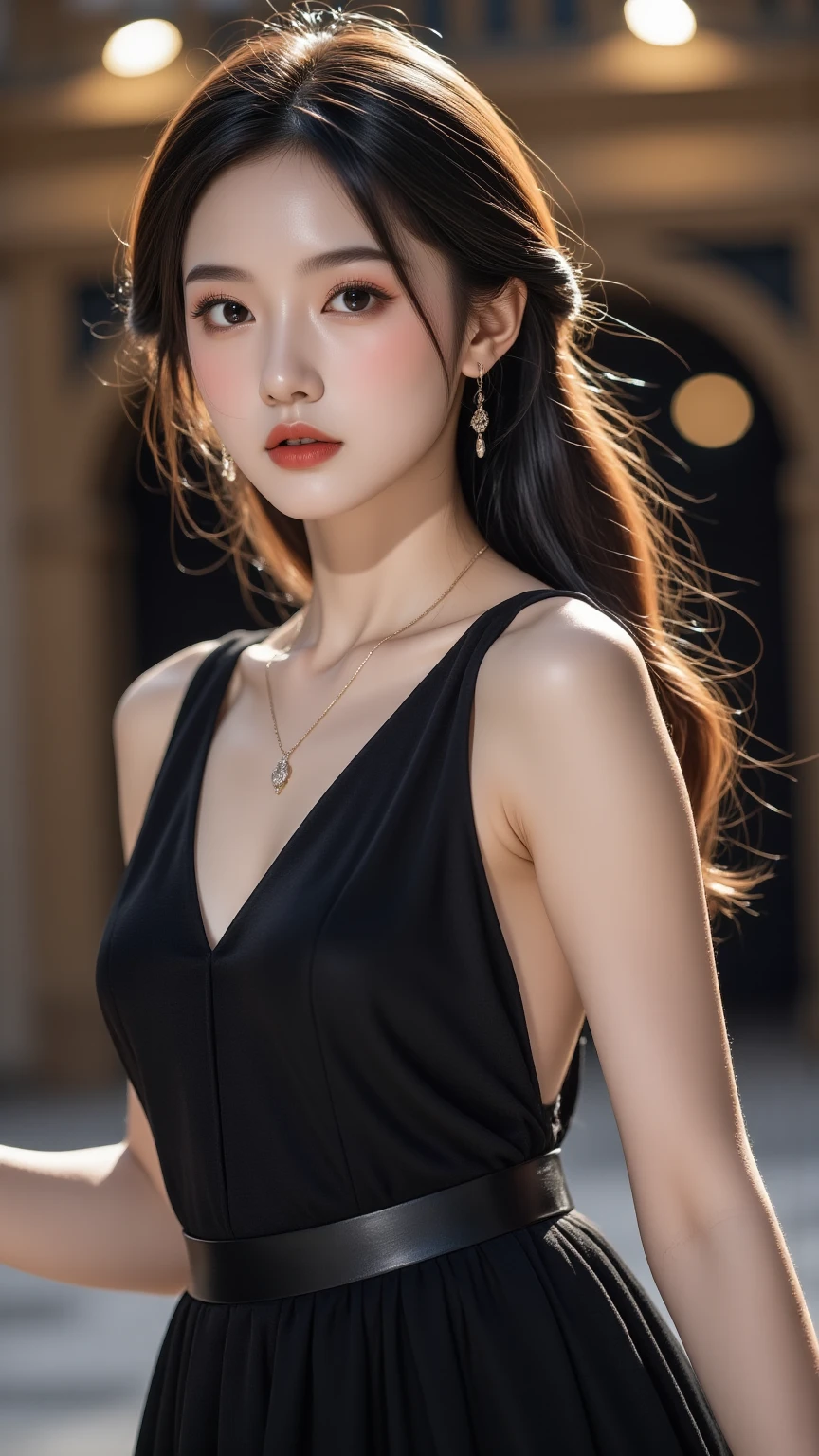 Best quality, masterpiece, ultra high res, photorealistic, raw photo, unity 8k wallpaper,((masterpiece: 1.2)), ((best quality: 1.2)), (extremely detailed CG unity 8k wallpaper, masterpiece, best quality, ultra-detailed, best shadow), ((detailed background)), ((beautiful detailed face, beautiful detailed eyes)), High contrast, ((an extremely delicate and beautiful)), ((Beautiful girl: 1.2)), dynamic angle, beautiful detailed glow, realistic, 20 years beautiful girl, 1girl, solo, long hair, jewelry, necklace, black hair, Starfish satin Pink Sundress, ((Sundress: 1.2)), realistic, wavy hair, grey eyes, lips, earrings, Paris streets, Paris shoping, Paris ruins, Paris Roads, round young breast, slender girl, perfect figure, Ultra HD, Ultra Realistic, ((realistic: 1.2)), ((smile: 1.2)), ((detailed Dress)), ((detailed background)), ((detailed face)), ((High resolution picture)), ((high quality dress)),