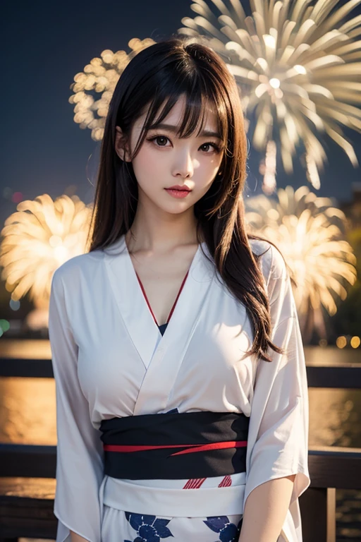 (8k、RAW Photosgraphy、Highest quality、masterpiece:1.2)、(Realistic、Photorealistic:1.37)、Ultra-high resolution、One Girl、cute、solo、(((nightも)))、Sitting、date、(Nose redness)、(Laughter:1.1)、(Closed)、huge 、Beautiful Eyes、(short hair:1.2)、(((Fireworks bursting into the sky、night)))、(((kimono、yukata)))、Cleavage、Perfect body、Perfect Fingers、Professional Lighting、Japanese Goddess、gravure、Detailed face and skin texture、Detailed eyes、RAW Photos