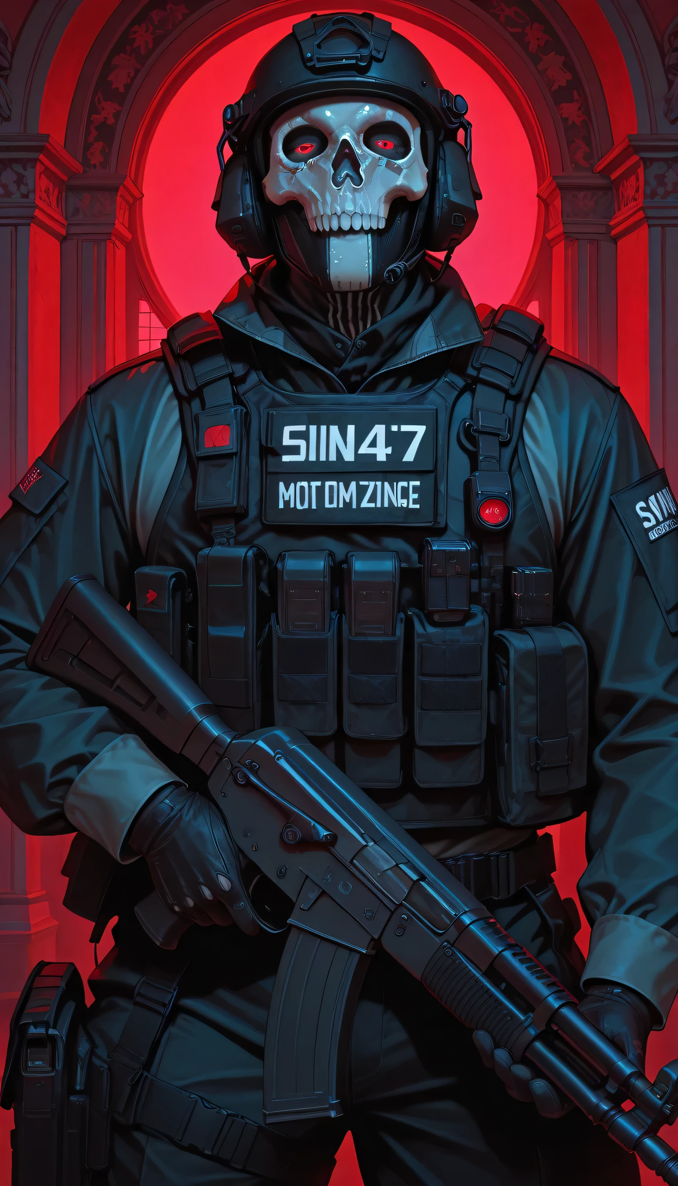masterpiece, best quality, amazing quality, hyper-detailed, newest, very aesthetic, 1man, simon_riley, skull_mask
military uniform/tactical gear/gun/load bearing vest/helmet, mansion background, red light, ak-47