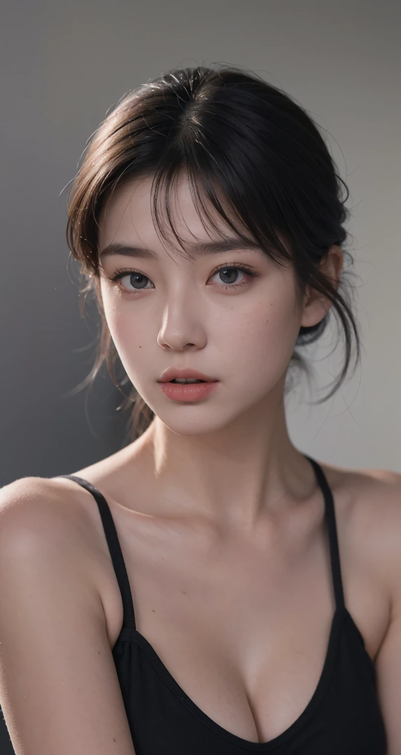 Best quality, masterpiece, ultra high res, (photorealistic:1.5), raw photo, 1girl, offshoulder, in the dark, deep shadow, low key, cold light, sexy look, short hair