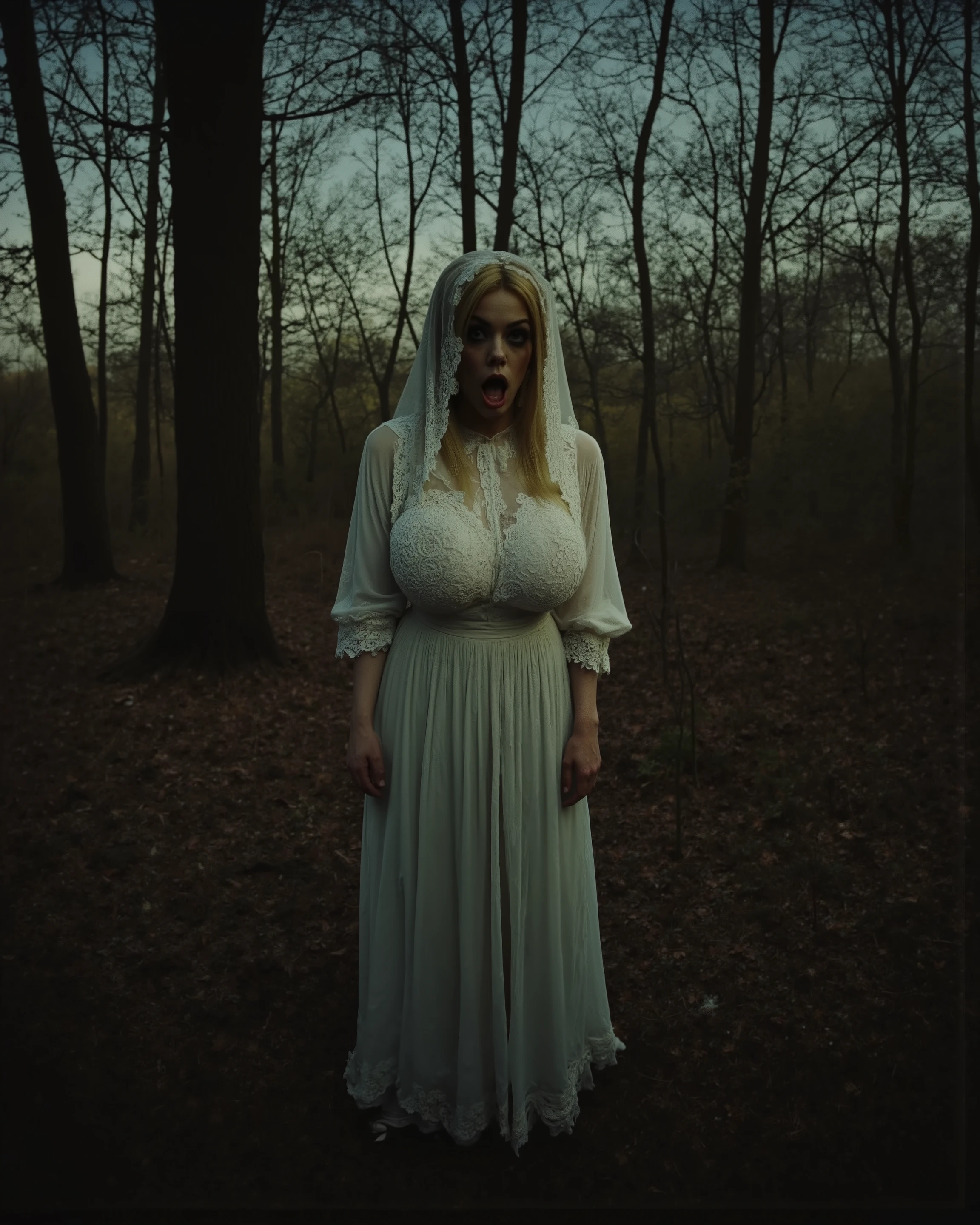 SINISTER, unheimlich, dunkel, Schatten, verzerrt, grainy, film grain, Victorian, Kultisten, mit Kapuze, unheimlich, Wald, amber alena, a woman with blonde hair, ArsMovieStill, movie still from a 1970s horror movie
