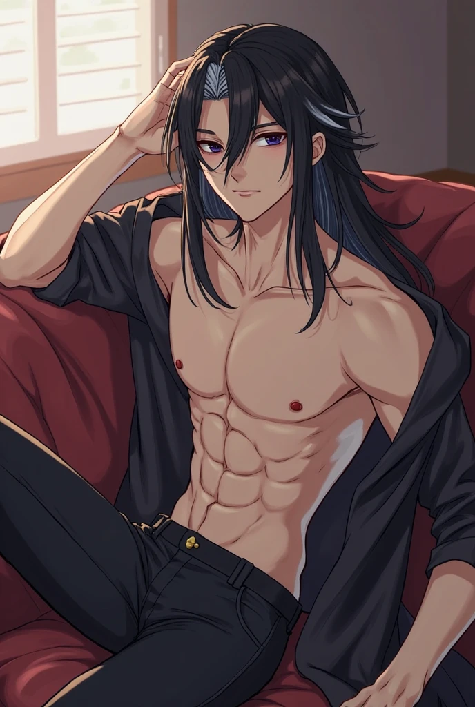 Man, blue eyes, loose loungewear, hair down, upper body, portrait
