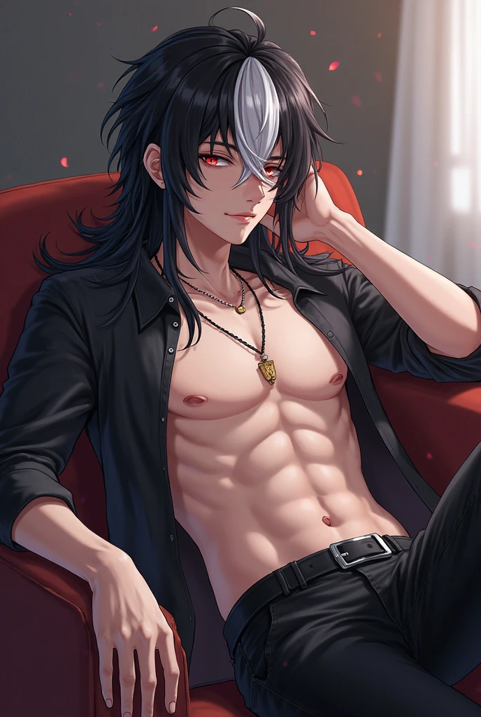 (best quality,4k,8k,highres,masterpiece:1.2),ultra-detailed,(realistic,photorealistic,photo-realistic:1.37),male, couch,spread legs, slight bulge,black pants,black shirt slightly open,chest,muscular body,thick eyebrows,black long hair,happy trail,tattoos,night ambience, mysterious,elbows on knees,dark, 