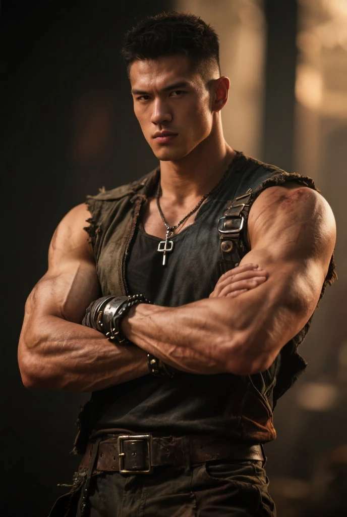 Atticus Dean Mitchell 20 year old boy without freckles brown hair dark military cut black vest Steampunk white shirt green eyes red shirt wolf print muscular build athletic slim blue jeans with chains black leather belt silver buckle background of New Orleans at night looking straight at the viewer