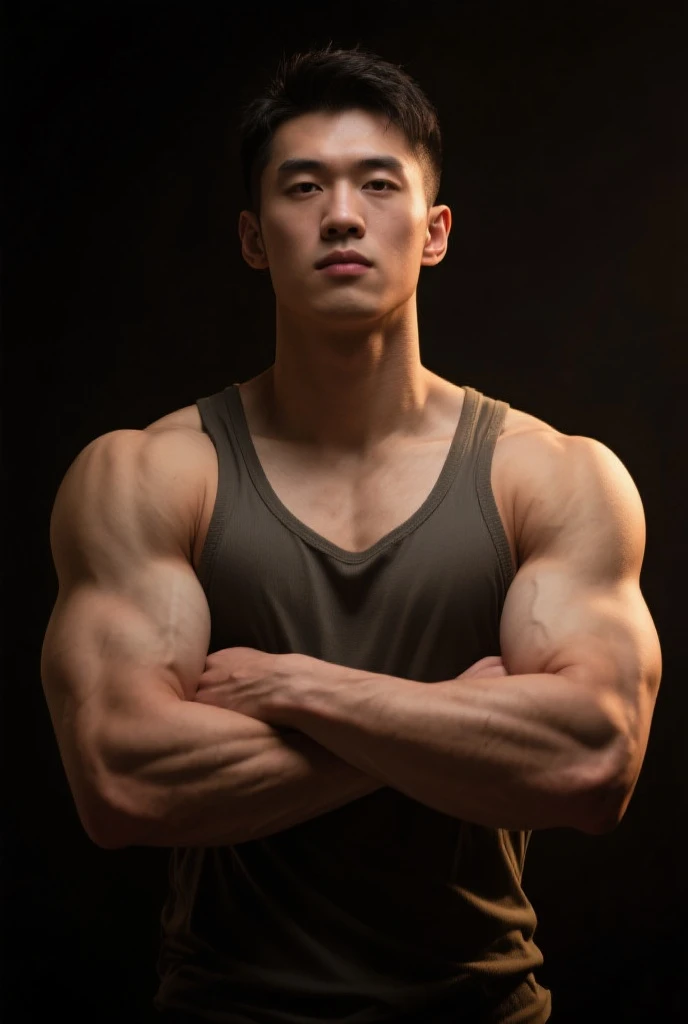 Asia man gymer wearing full vest , big muscle, height 190 cm, big shoulder, big muscle foot, (draww eye detail), (realestic)
