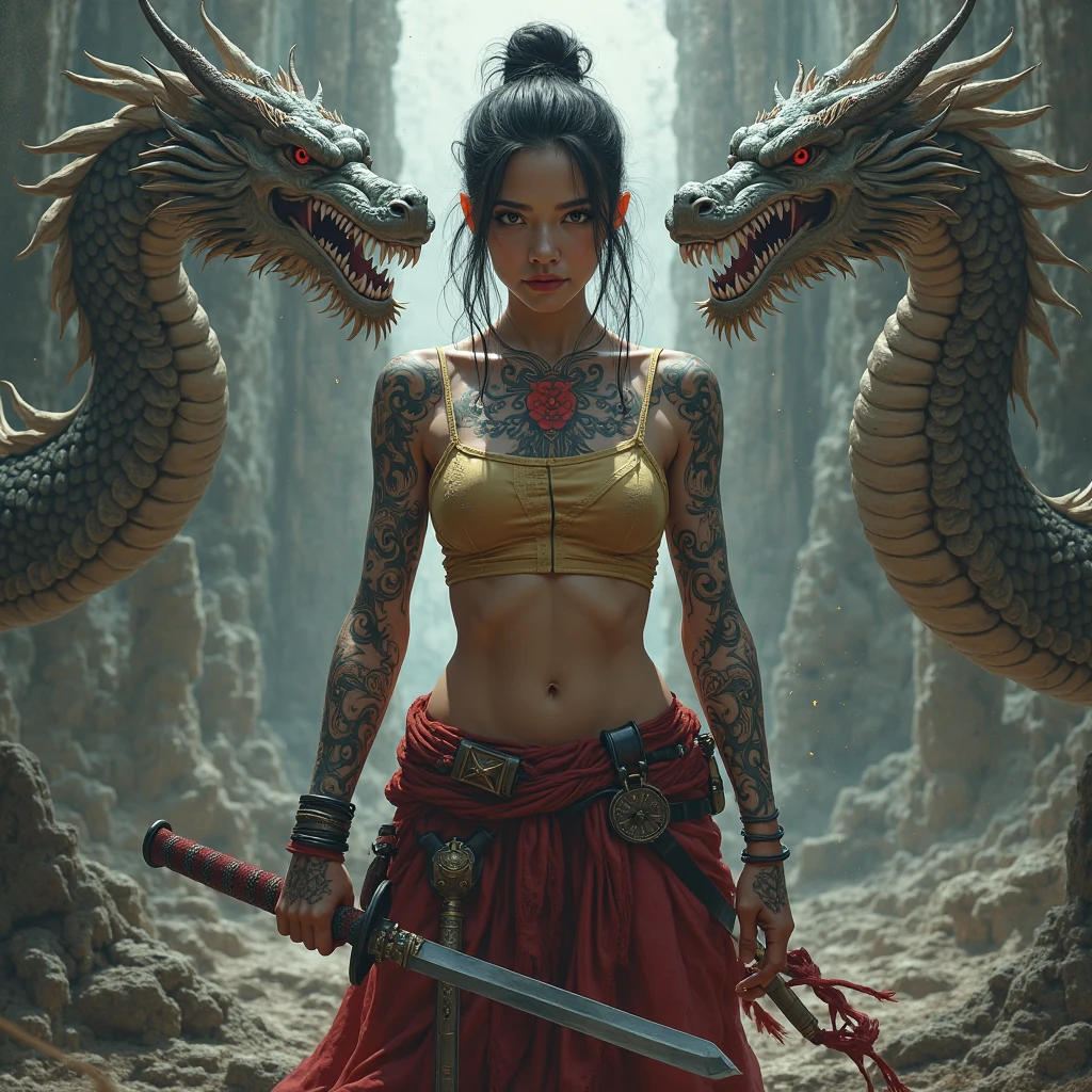 A warrior woman with tribal tattoos, Nordic appearance. It stands in the middle of a battlefield. Behind the warrior is a huge dragon with scales and menacing eyes, roaring, spreading its wings. The sky is full of dark clouds and signs of storm. The aftermath of an epic battle is evident around them.