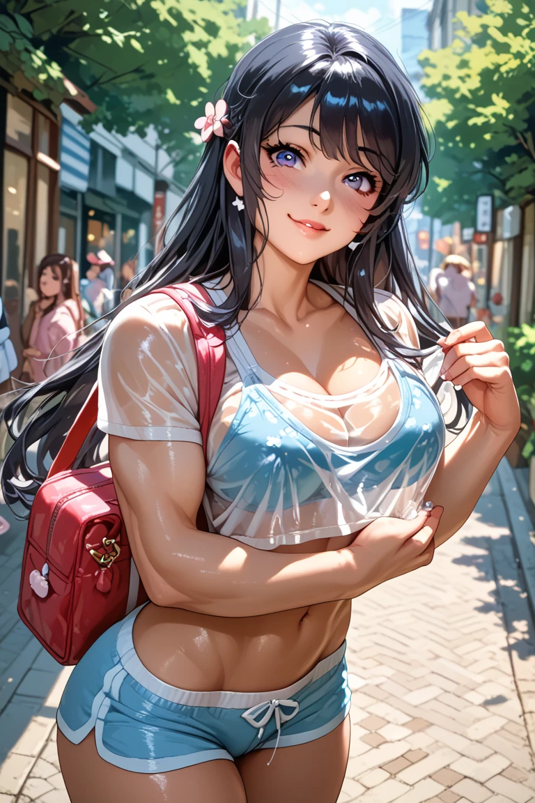 (best quality,4k,8k,highres,masterpiece:1.2),ultra-detailed,(realistic,photorealistic,photo-realistic:1.37), perfect body, cute printed bikini top, half jacket, miniskirt, stylish, brilliant colors, shopping mall, perfect illustration