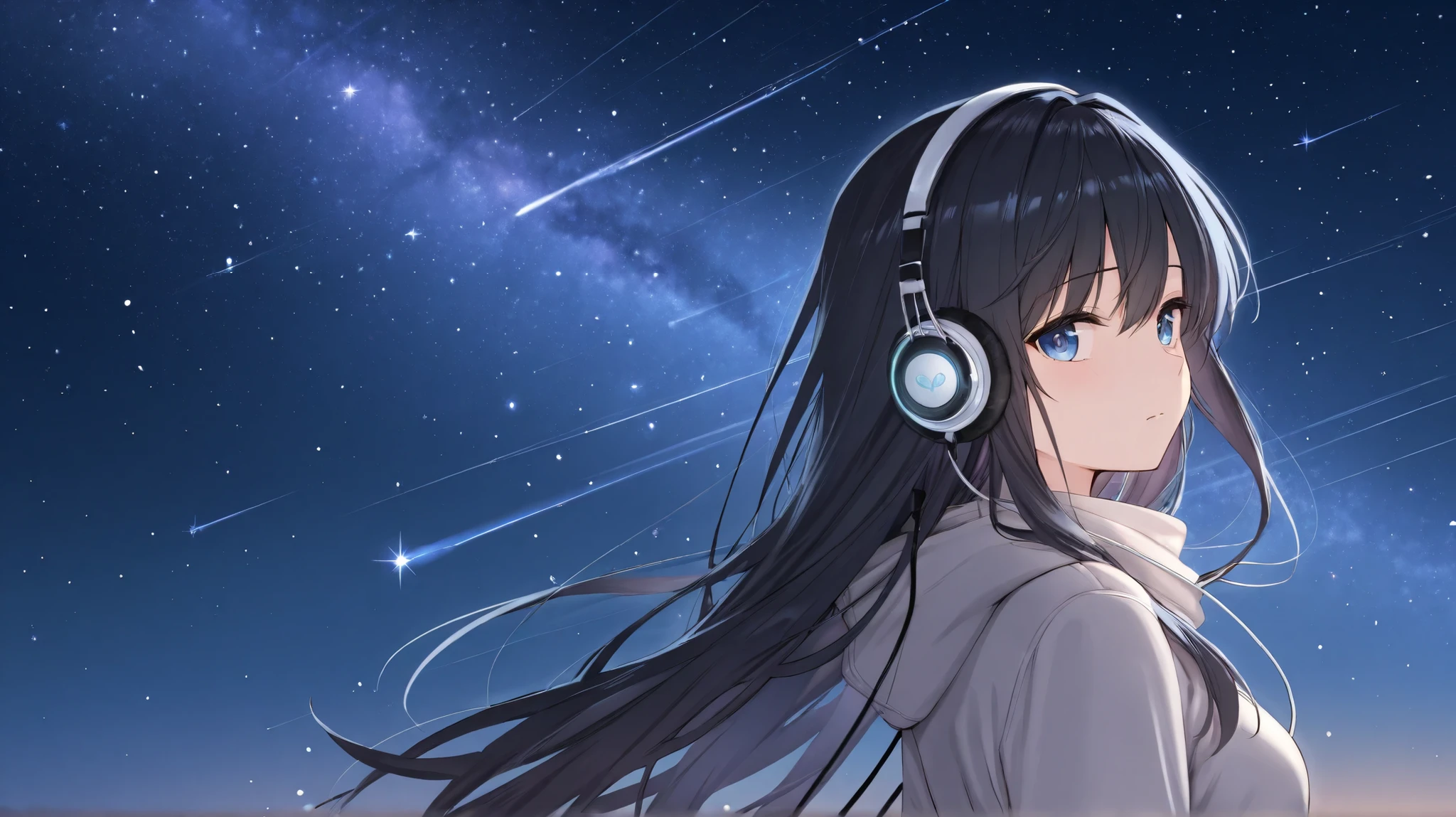 masterpiece。best quality。Extremely precise。Night sky with floating stars in the background、headphones against a night sky with the highest floating stars。sad expression。