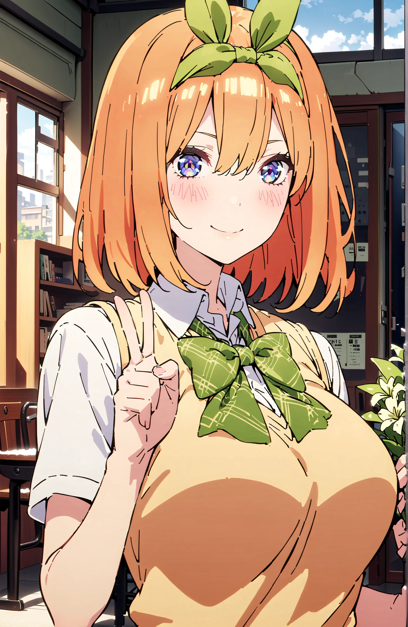 score_9, score_8_up, score_7_up, 中野四葉, bungs, short hair, blue eyes, hair between eyes, hair ribbon, headband, orange hair, (green ribbon:1.5), smile,blush,grinning,Big Breasts,
in their 40s skirt, shirt, bow, ribbon, uniform, white shirt, short sleeve, green mini pleated skirt, collared shirt, miniskirt, bowtie, black socks, loafers, green bow, sweater vest, green ribbon, (yellow sweater vest:1.5),Holding a green bouquet in the left hand,right hand is peace sign,standing,curtains,window,machine,chairs, Flower blowing snow, Beautiful Streetscapes,
in their 40s indoors, Classroom,
in their 40s looking at viewer,full body,
in their 40s (masterpiece:1.2), Highest Quality, high resolution, Unity 8k Wallpaper, (Illustrations:0.8), (beautifully detailed eyes:1.6), very detailed face, perfect lighting, very detailed CG, (perfect hand in h, perfect anatomy),